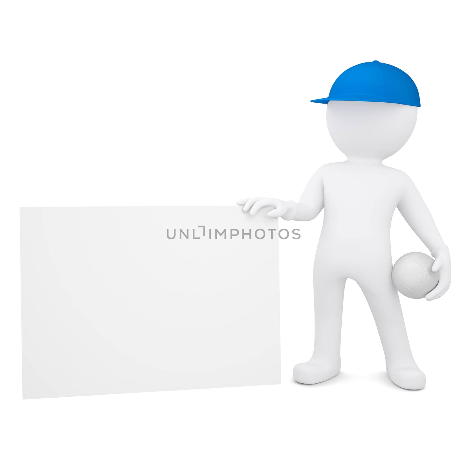 3d white man with a volleyball ball holding empty business card. Isolated render on a white background