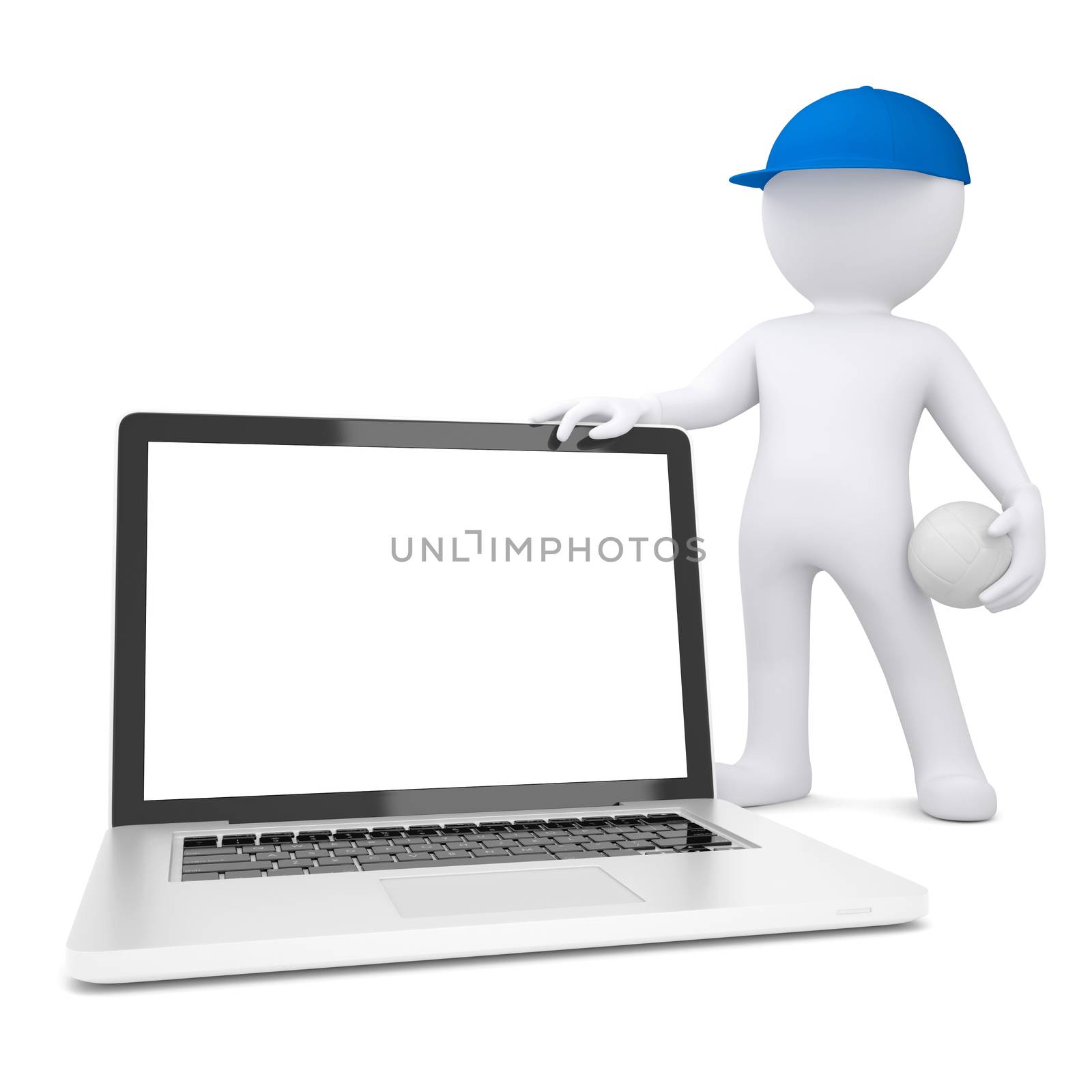 3d white man with a volleyball ball holding laptop. Isolated render on a white background