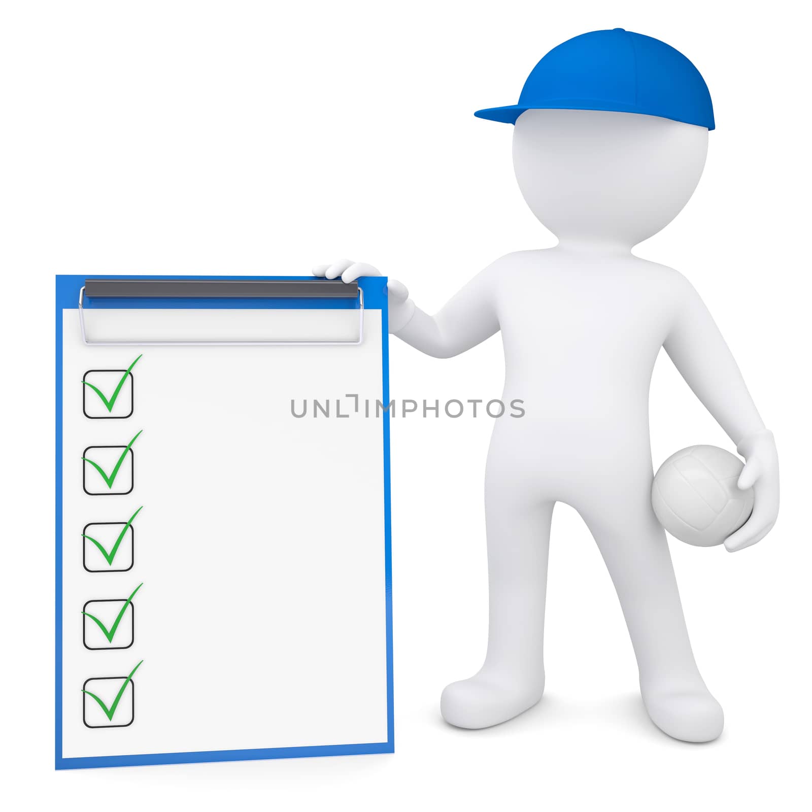 3d white man with a volleyball ball holding checklist. Isolated render on a white background
