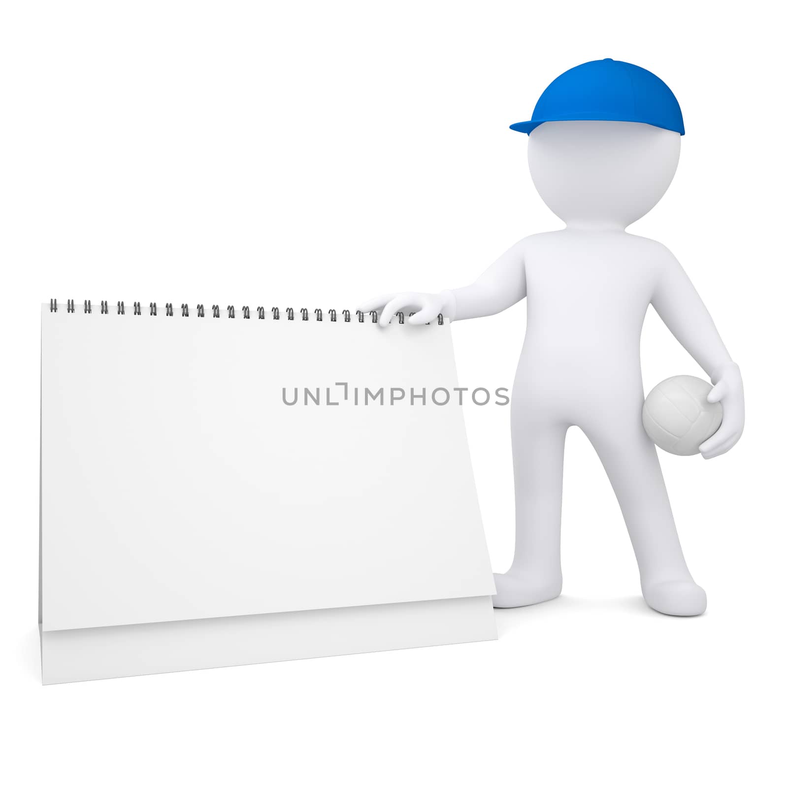 3d white man with a volleyball ball holding desk calendar. Isolated render on a white background