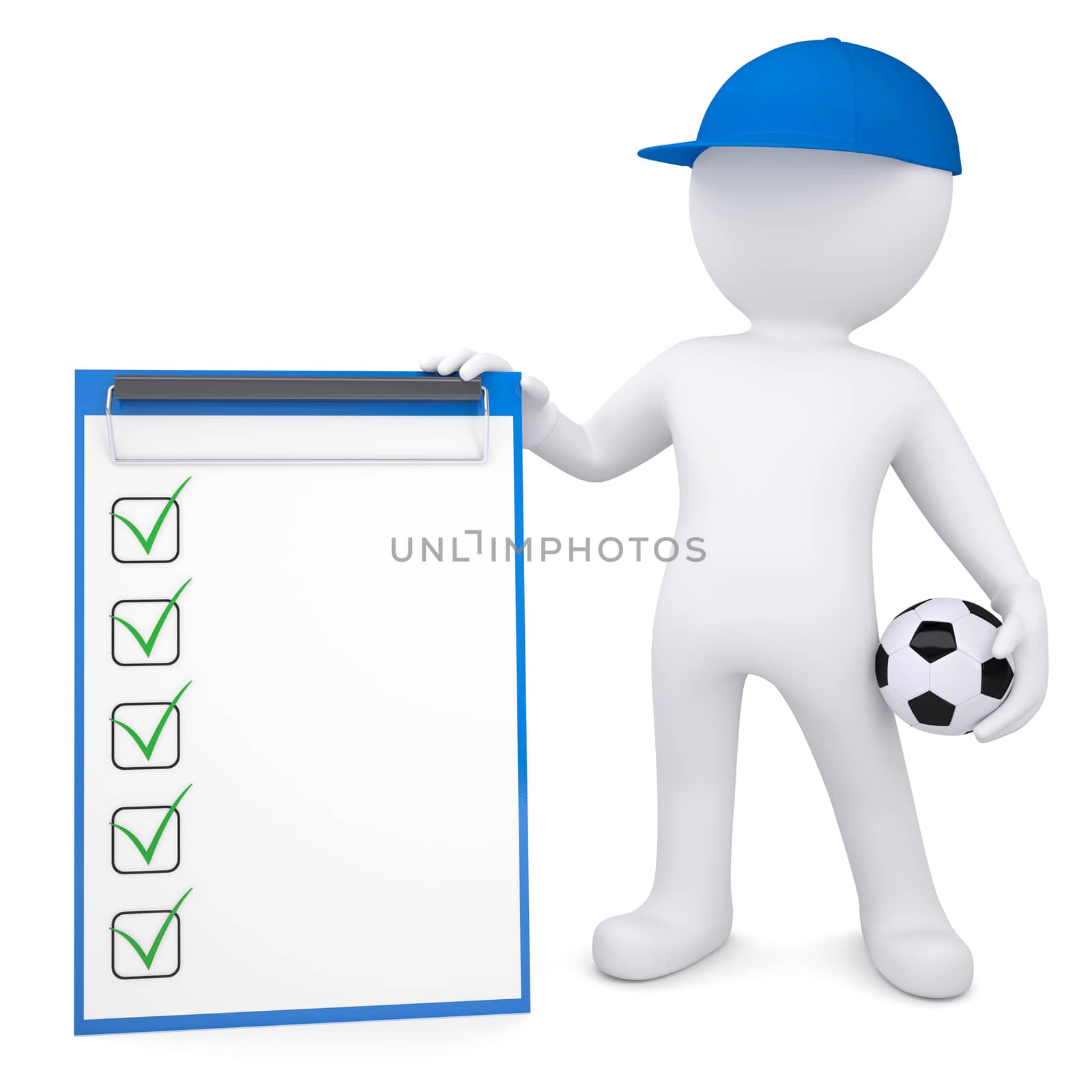 3d white man with soccer ball and checklist. Isolated render on a white background