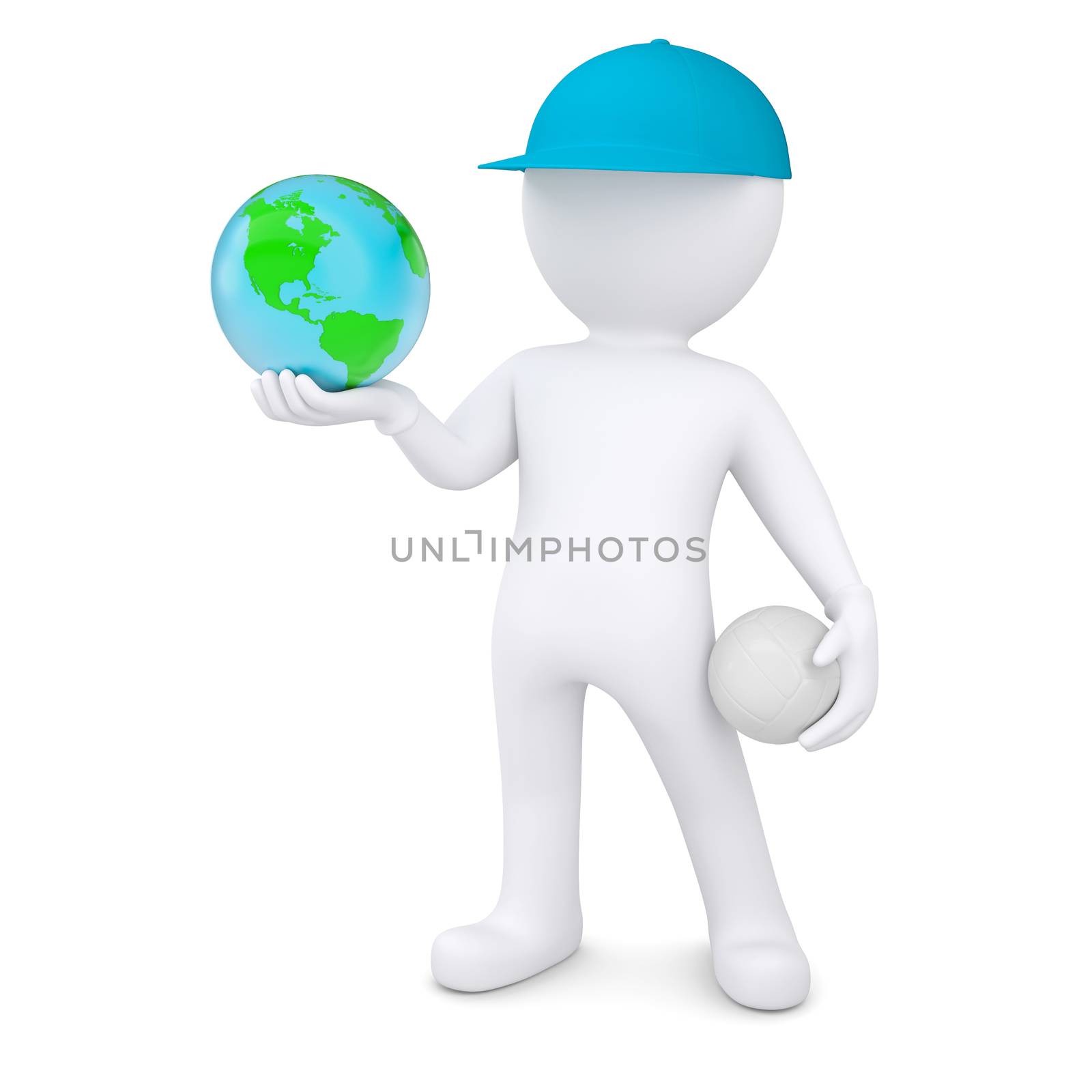 3d white man with a volleyball ball holding the Earth. Isolated render on a white background