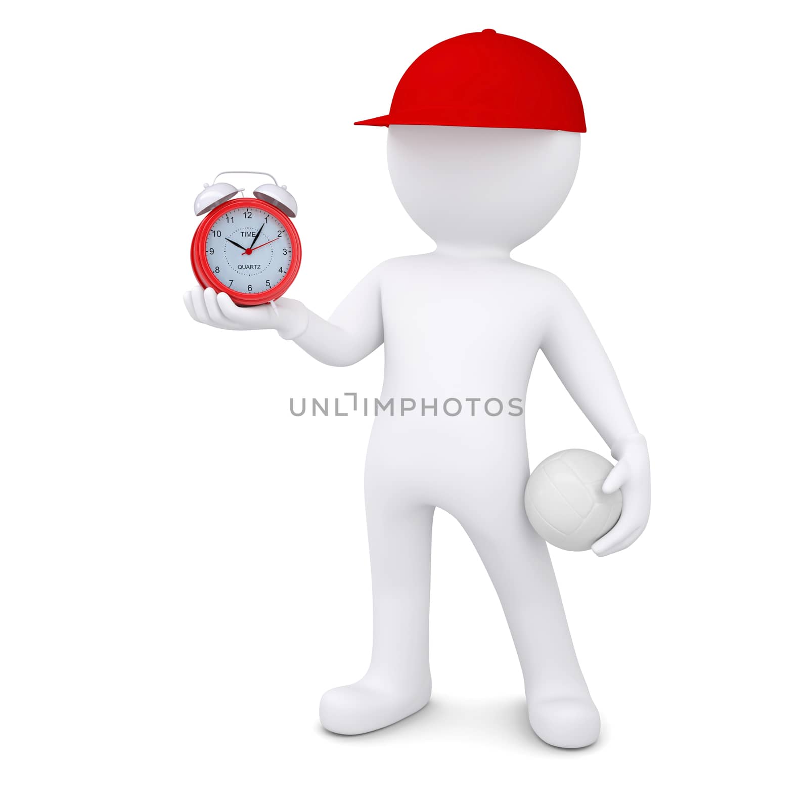 3d white man with a volleyball ball holding alarm clock. Isolated render on a white background
