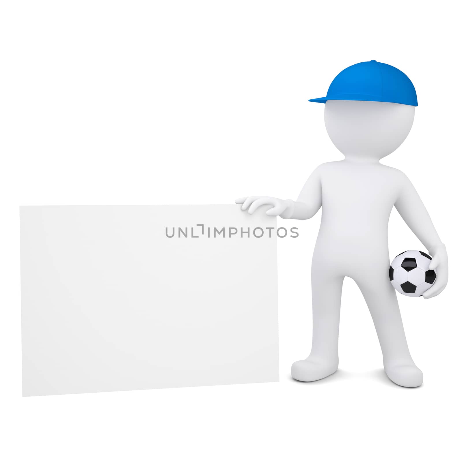 3d white man with soccer ball holding blank business card. Isolated render on a white background