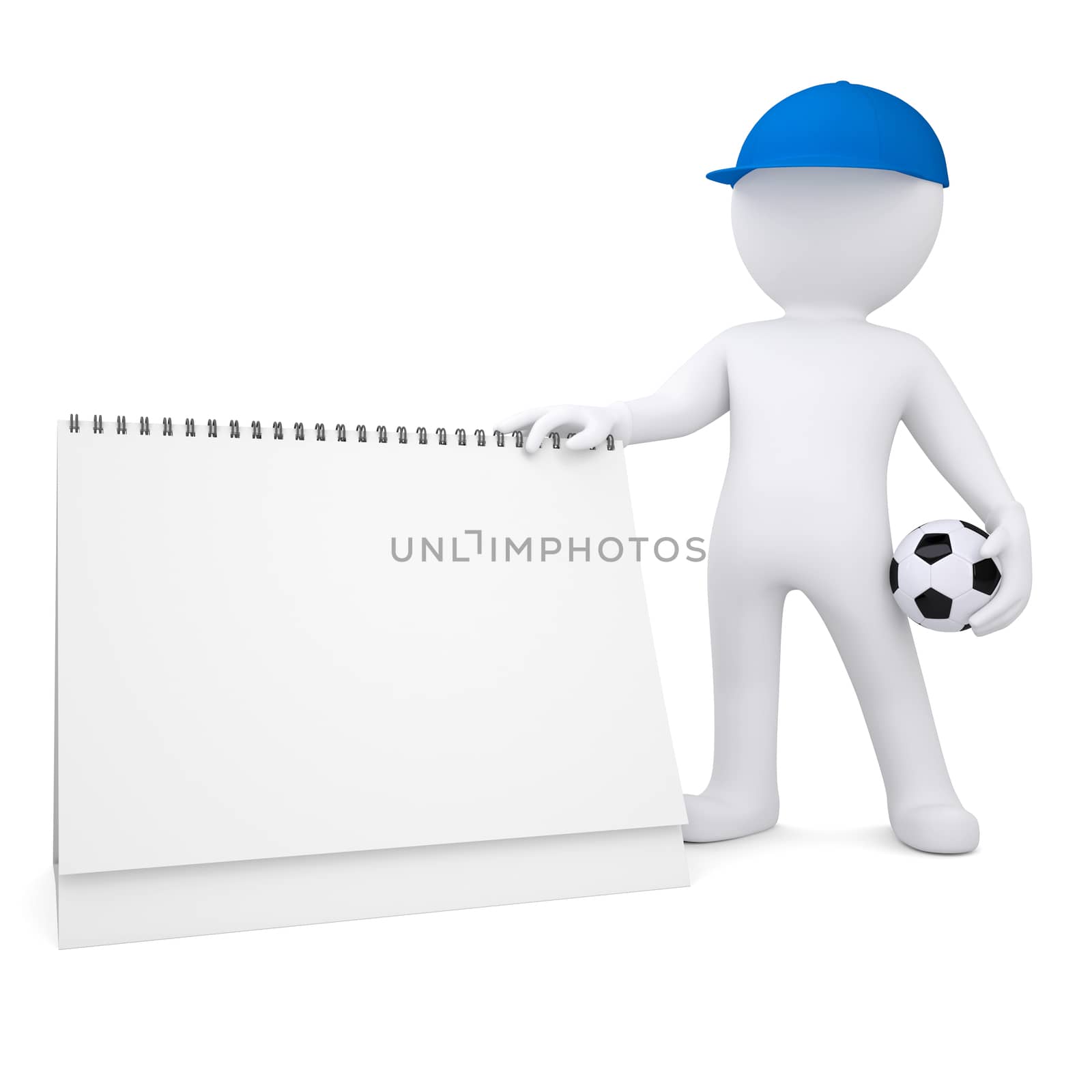 3d white man with soccer ball and desktop calendar by cherezoff