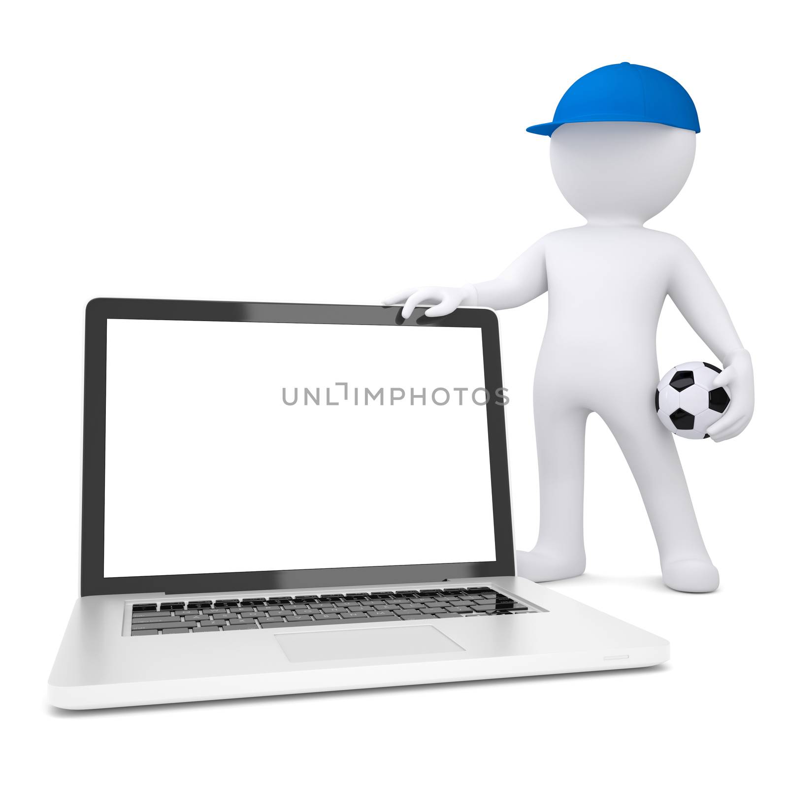 3d white man with soccer ball holding laptop. Isolated render on a white background