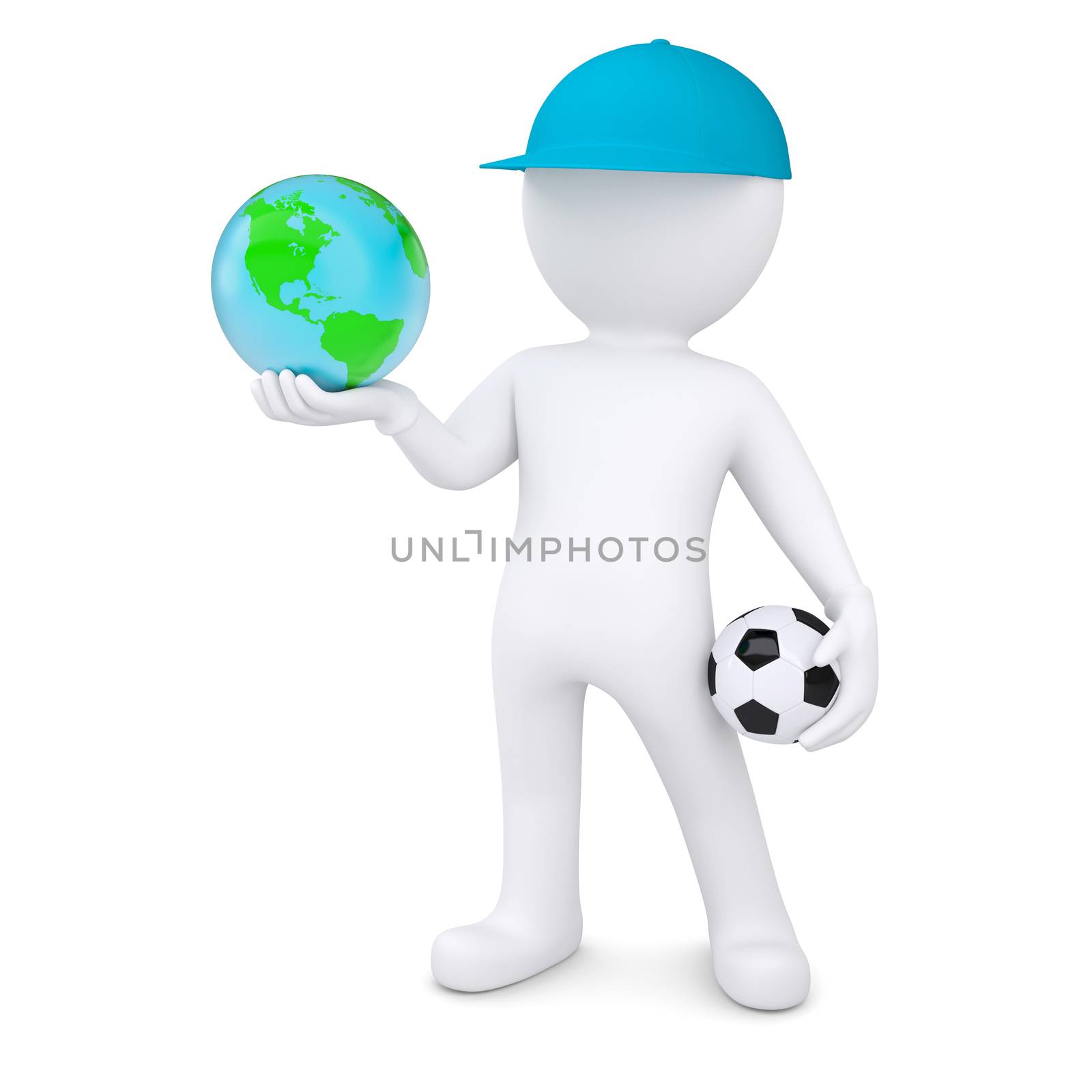 3d white man with soccer ball holding the Earth. Isolated render on a white background
