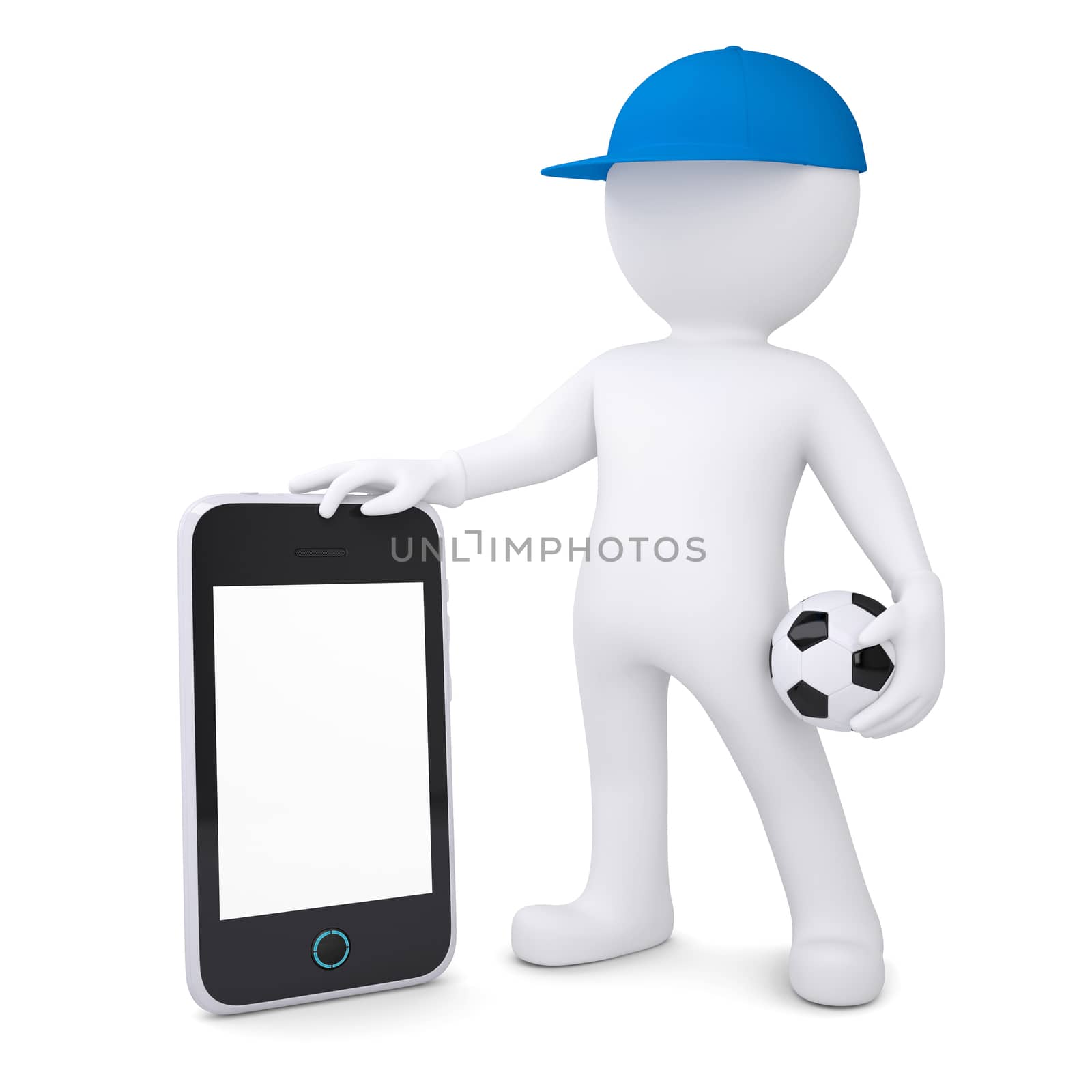 3d white man with soccer ball holding smartphone by cherezoff