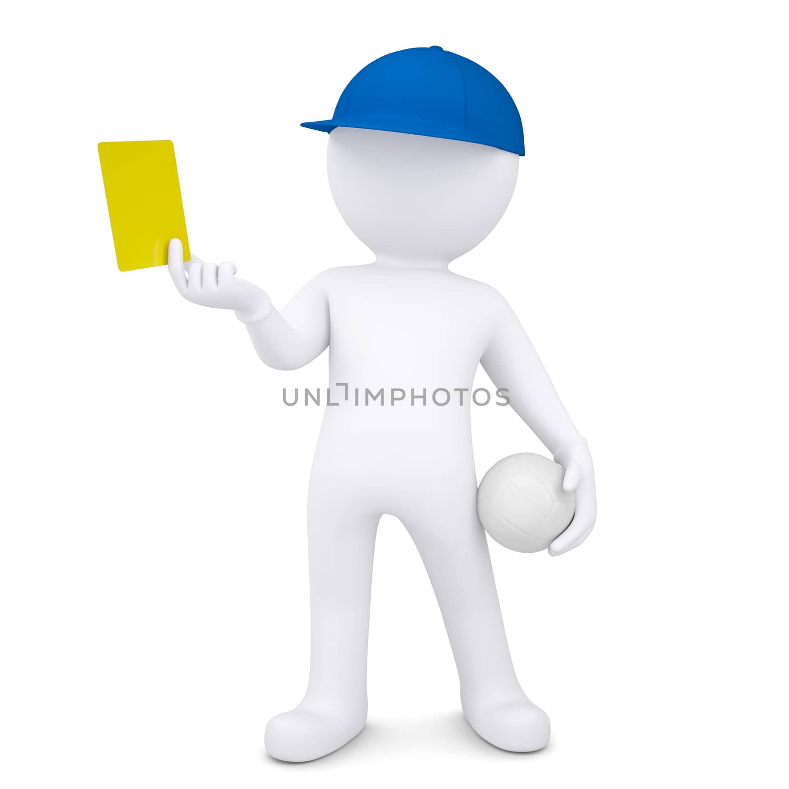 3d white man with a volleyball ball shows a yellow card. Isolated render on a white background