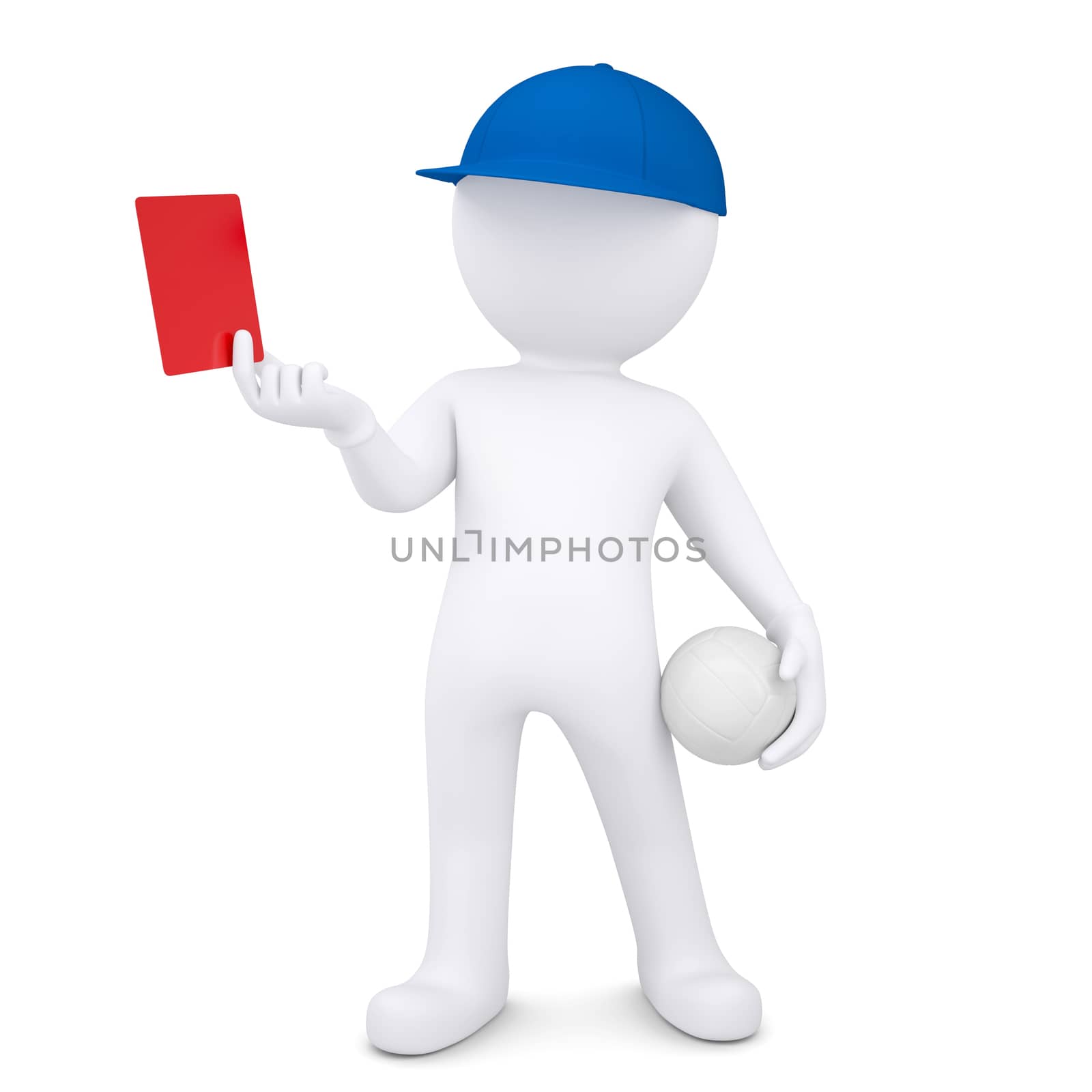 3d white man with a volleyball ball shows a red card. Isolated render on a white background
