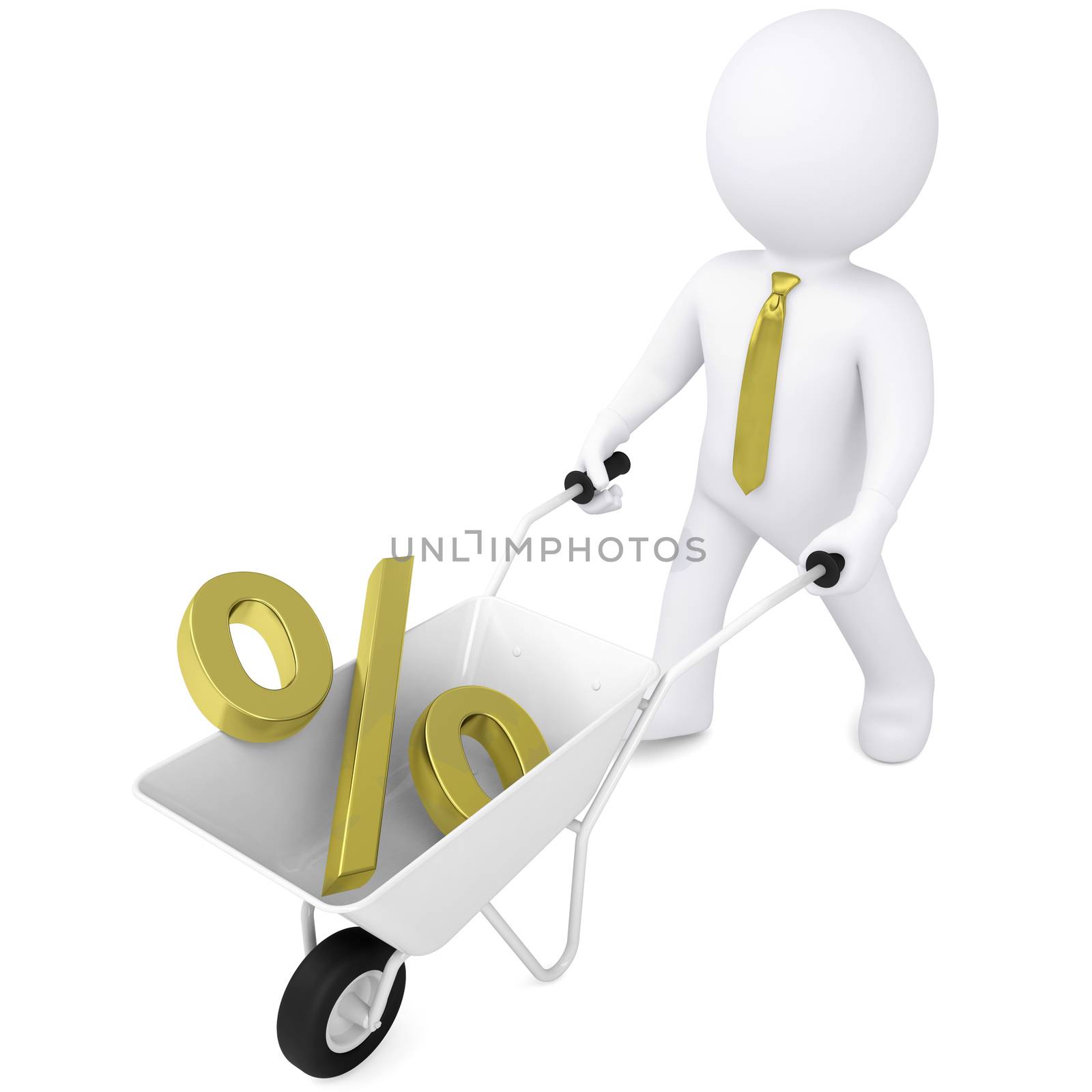 3d white man carries a wheelbarrow the golden percentage. Isolated render on a white background