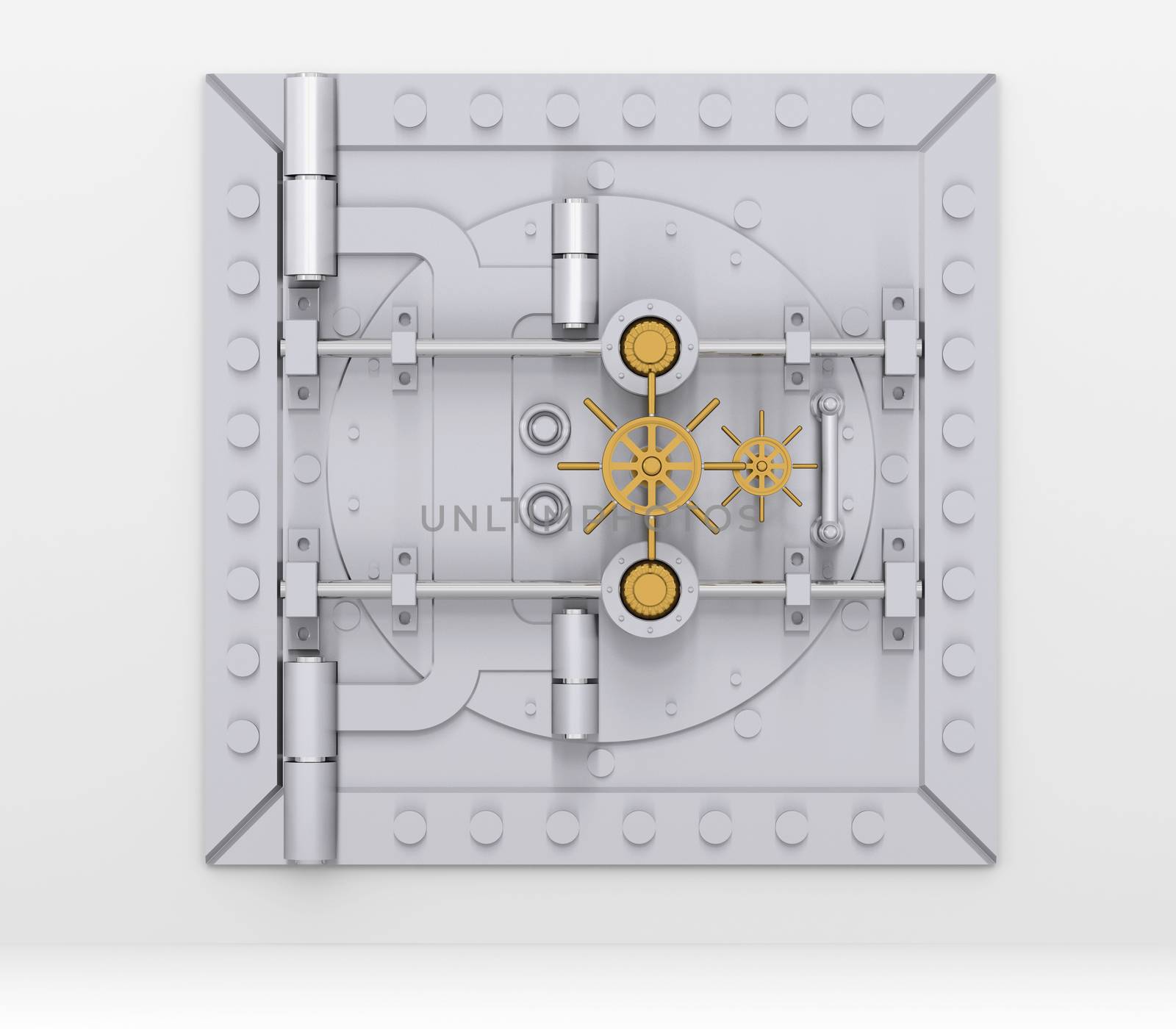 Bank vault door on a gray wall. 3d render