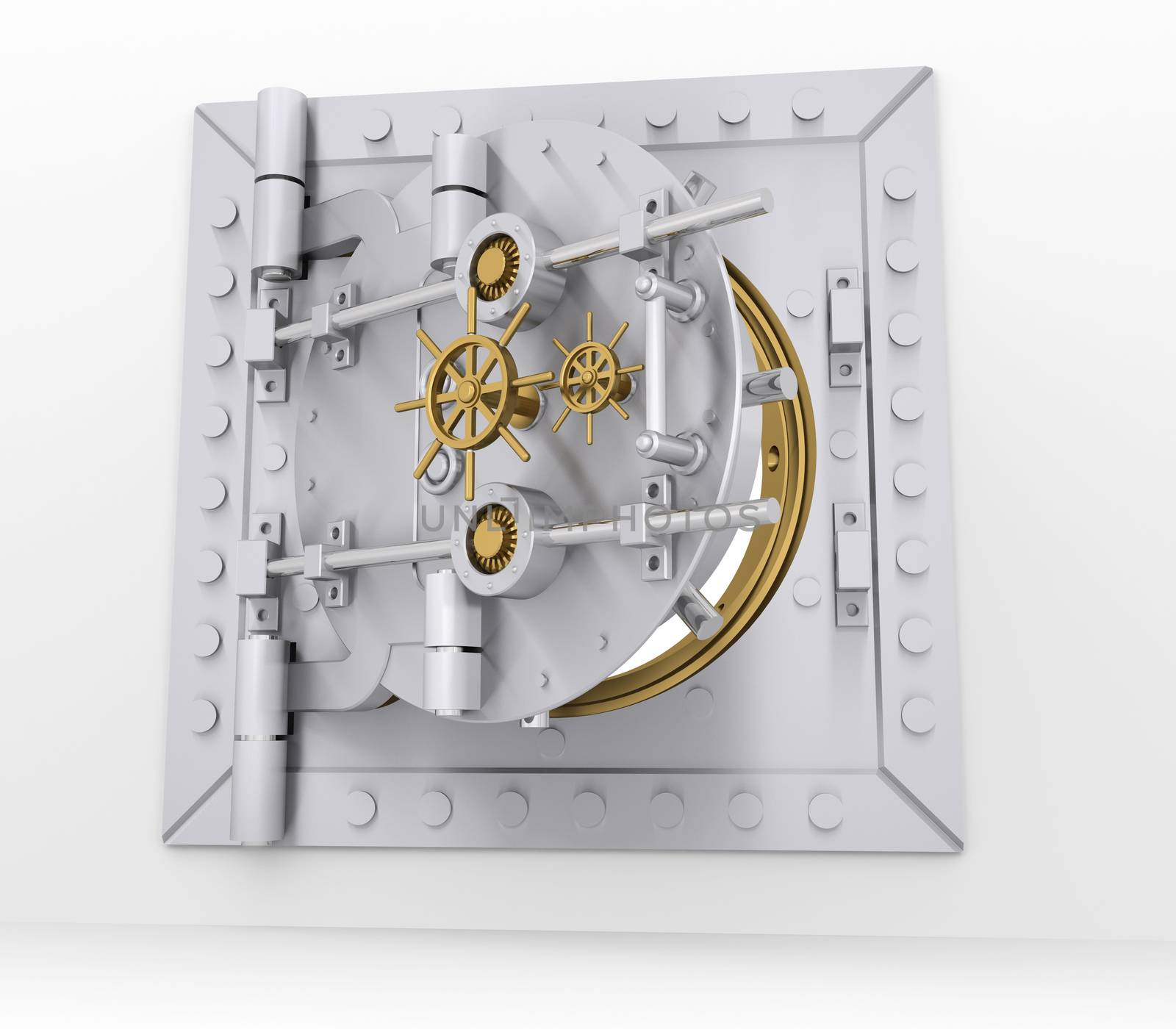 Bank vault door on a gray wall. 3d render