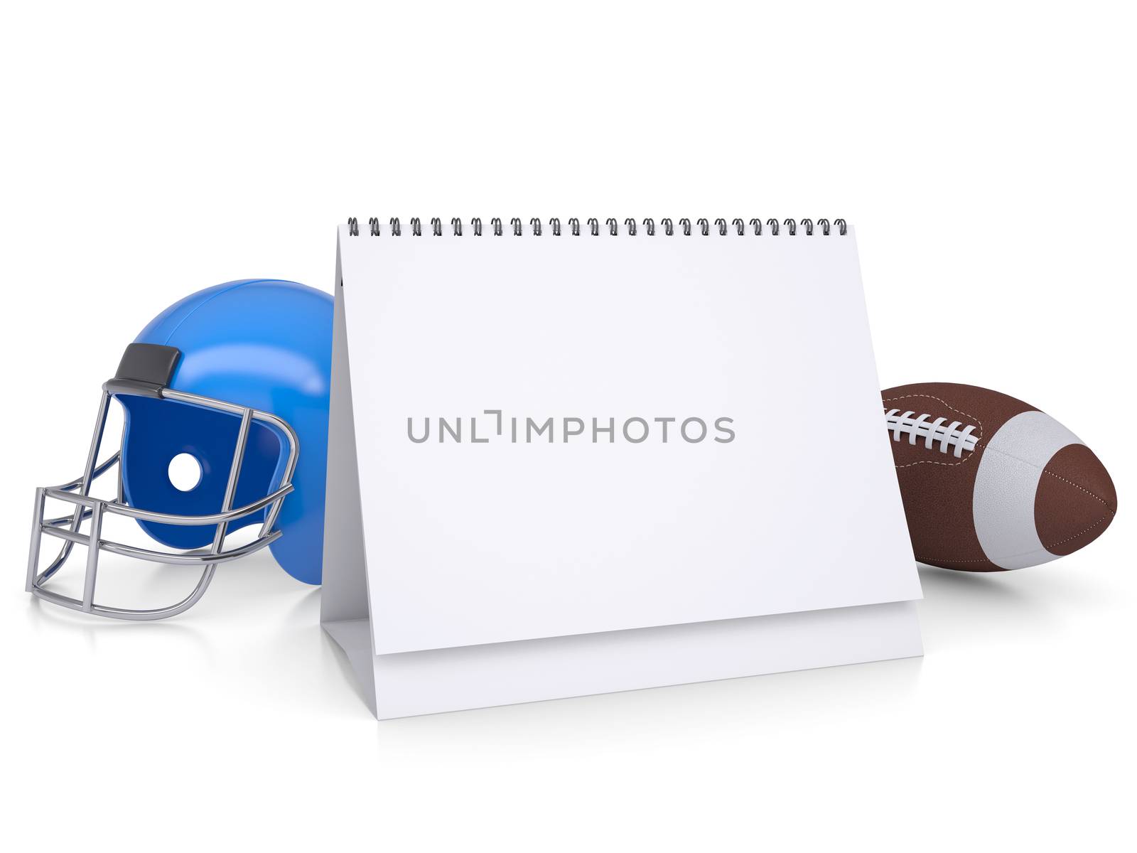 Desktop calendar, a football helmet and ball. Isolated render on a white background