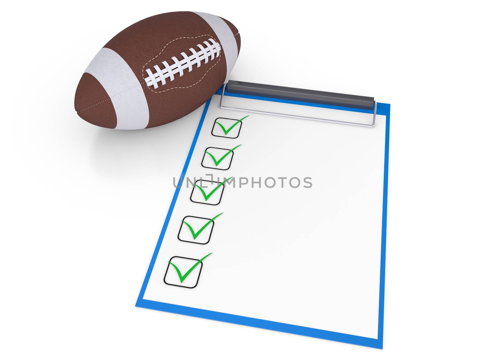 Checklist and football ball. Isolated render on a white background