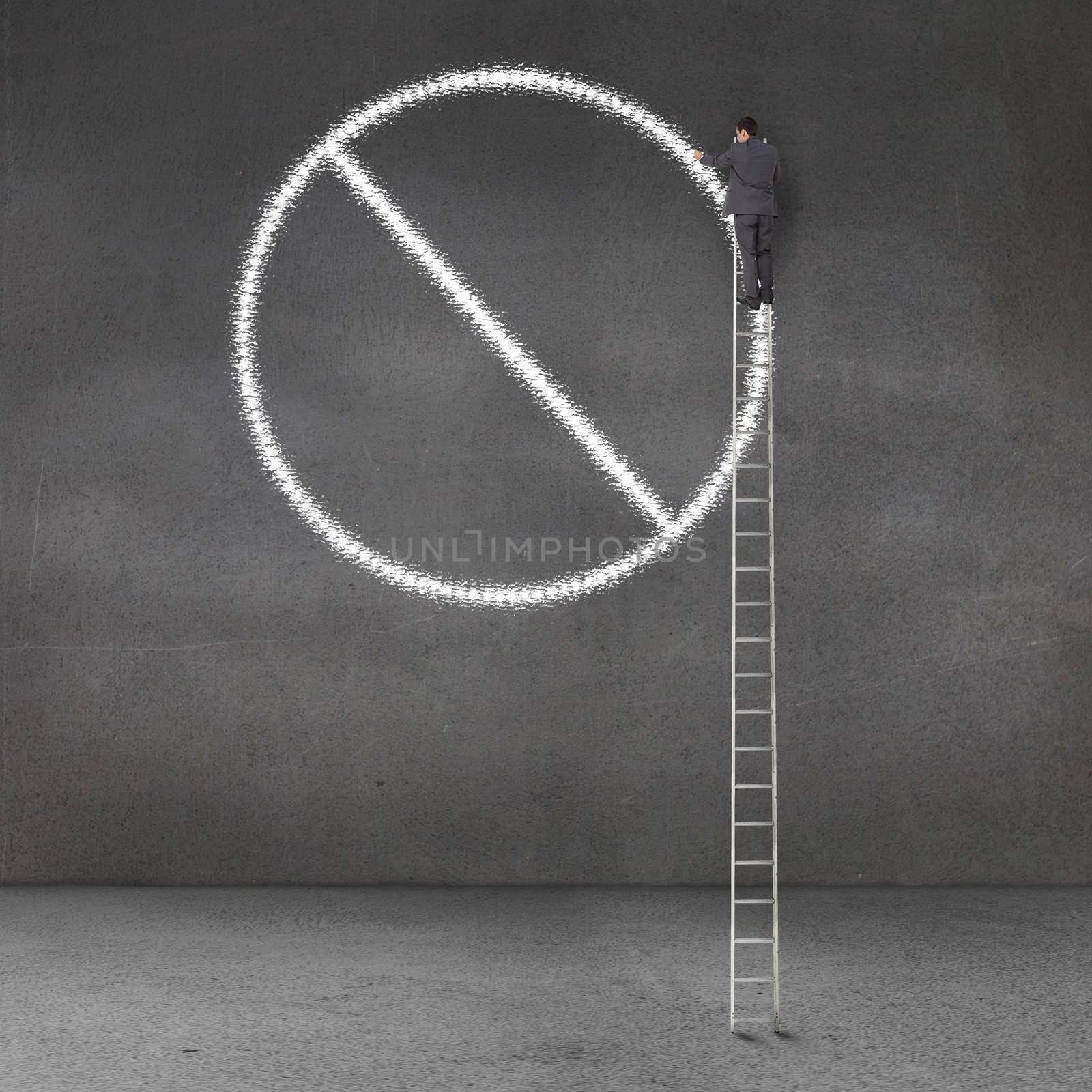 Businessman standing on a giant ladder and drawing forbidden sign on a grey wall