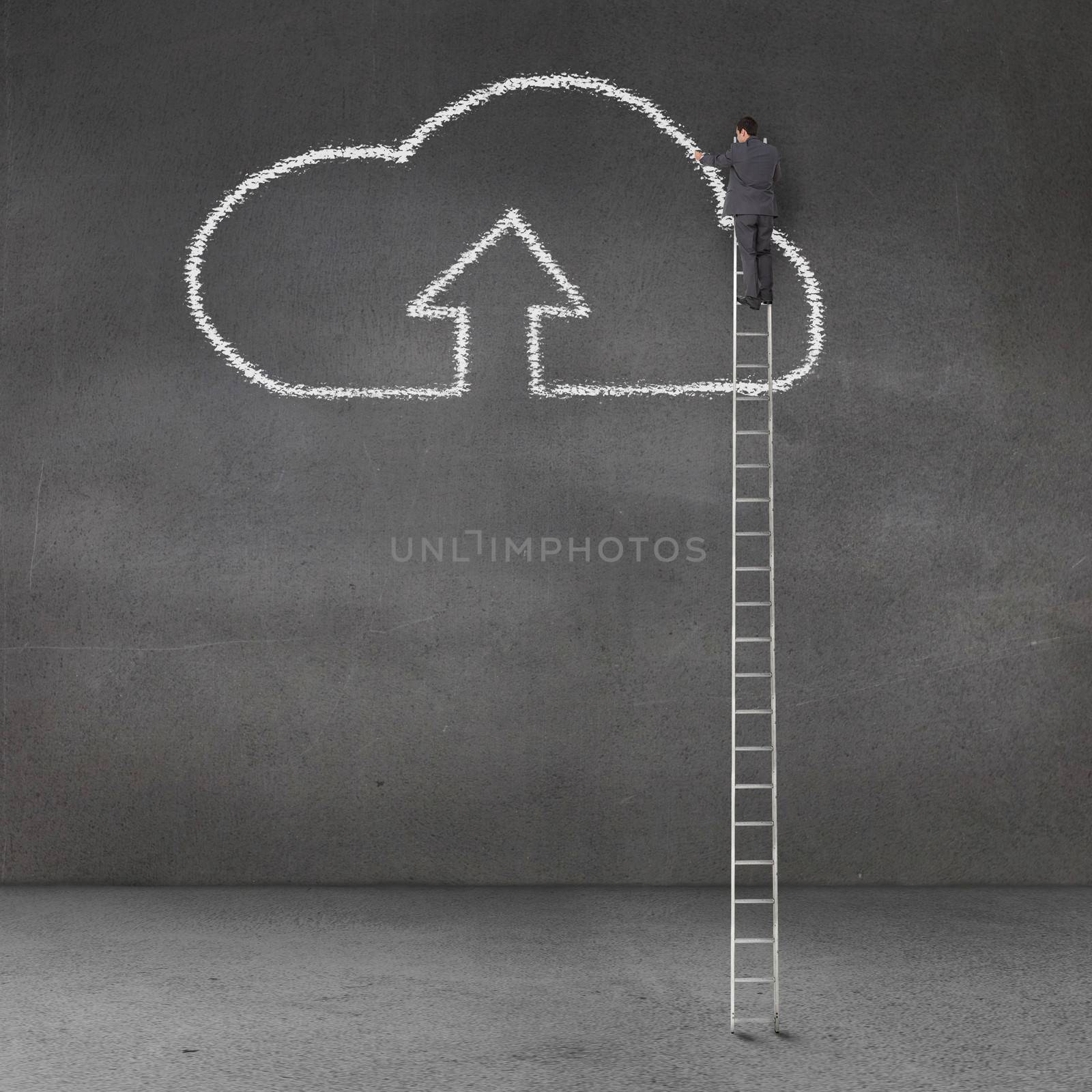 Rear view of a businessman standing on a giant ladder and drawing the cloud computing symbol