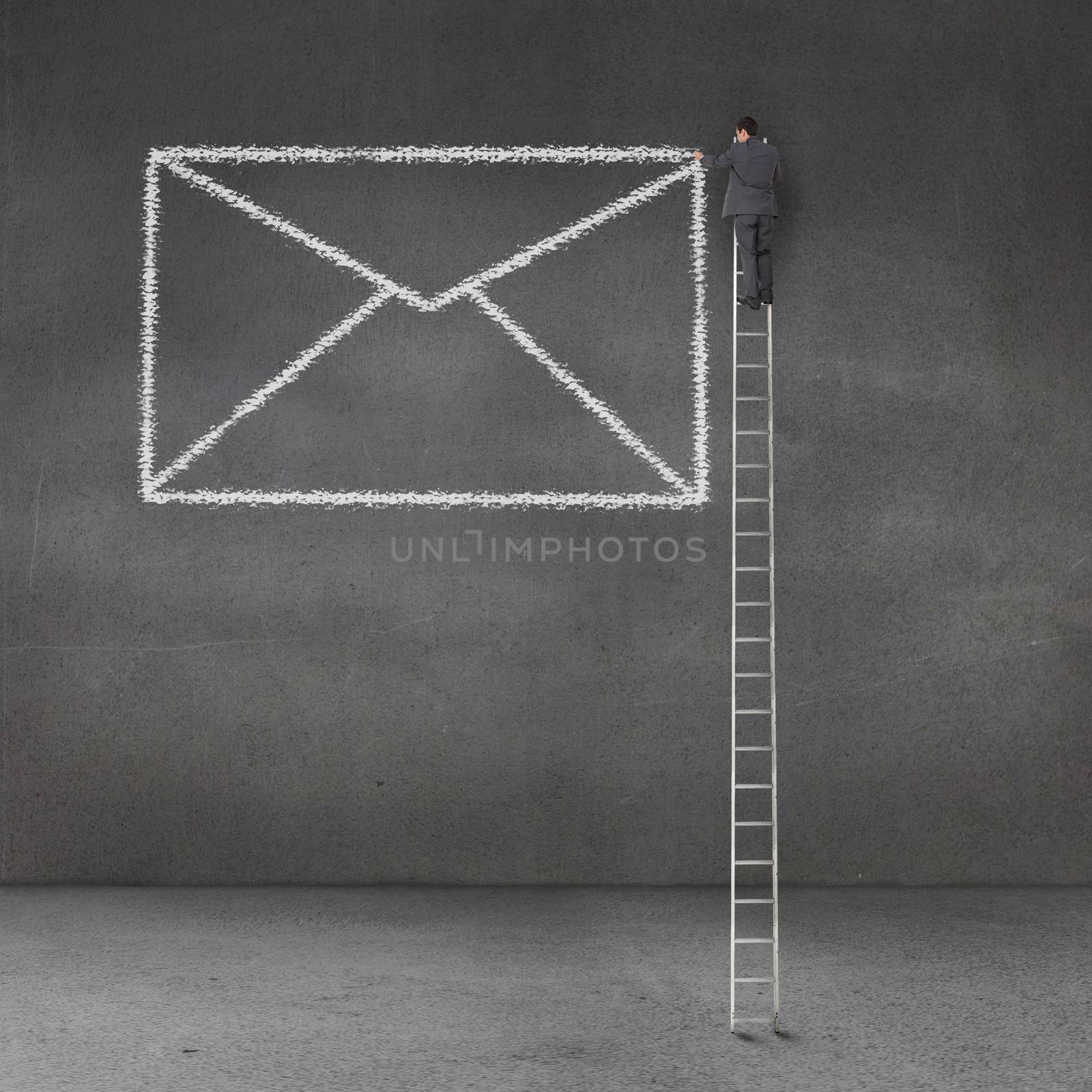 Businessman drawing a giant envelope and standing on a giant ladder by Wavebreakmedia