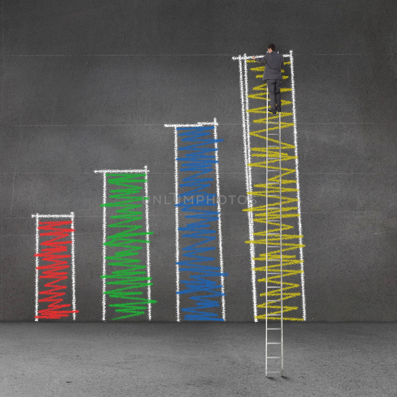 Businessman standing on a giant ladder and drawing bar chart  by Wavebreakmedia