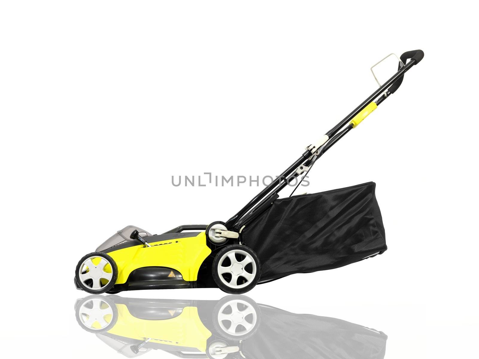 A rechargable lawn mower on a white background