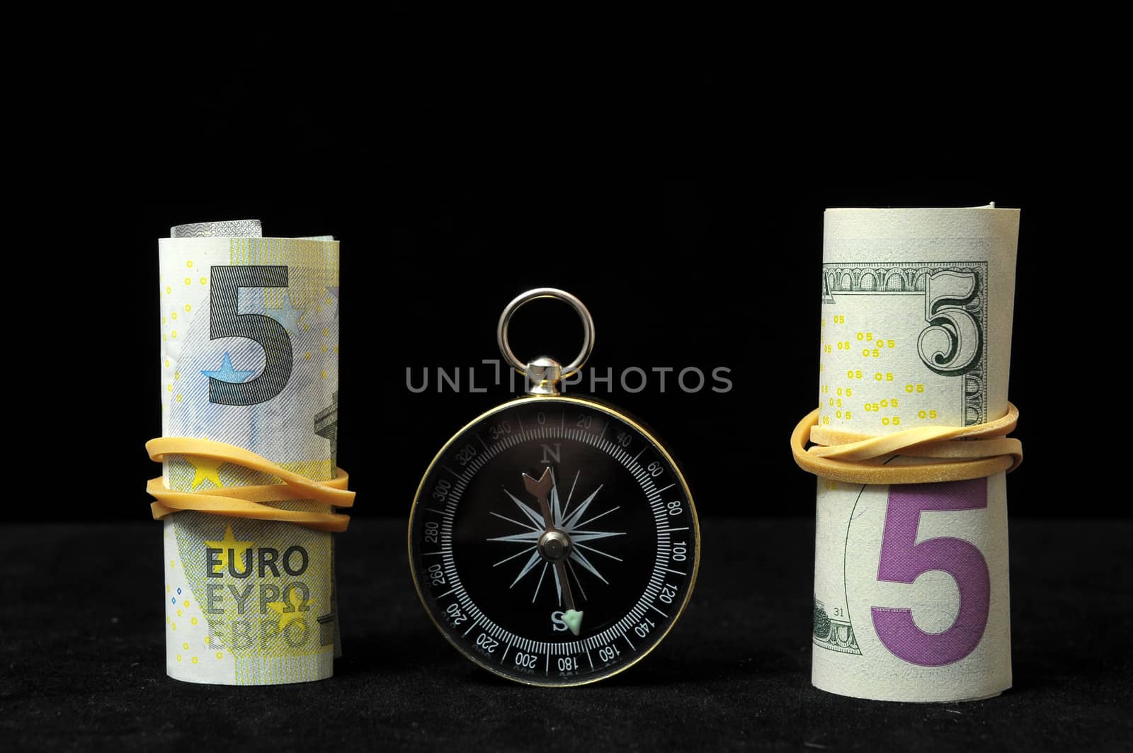 Orientation in  Business Compass and Money on a Black Background