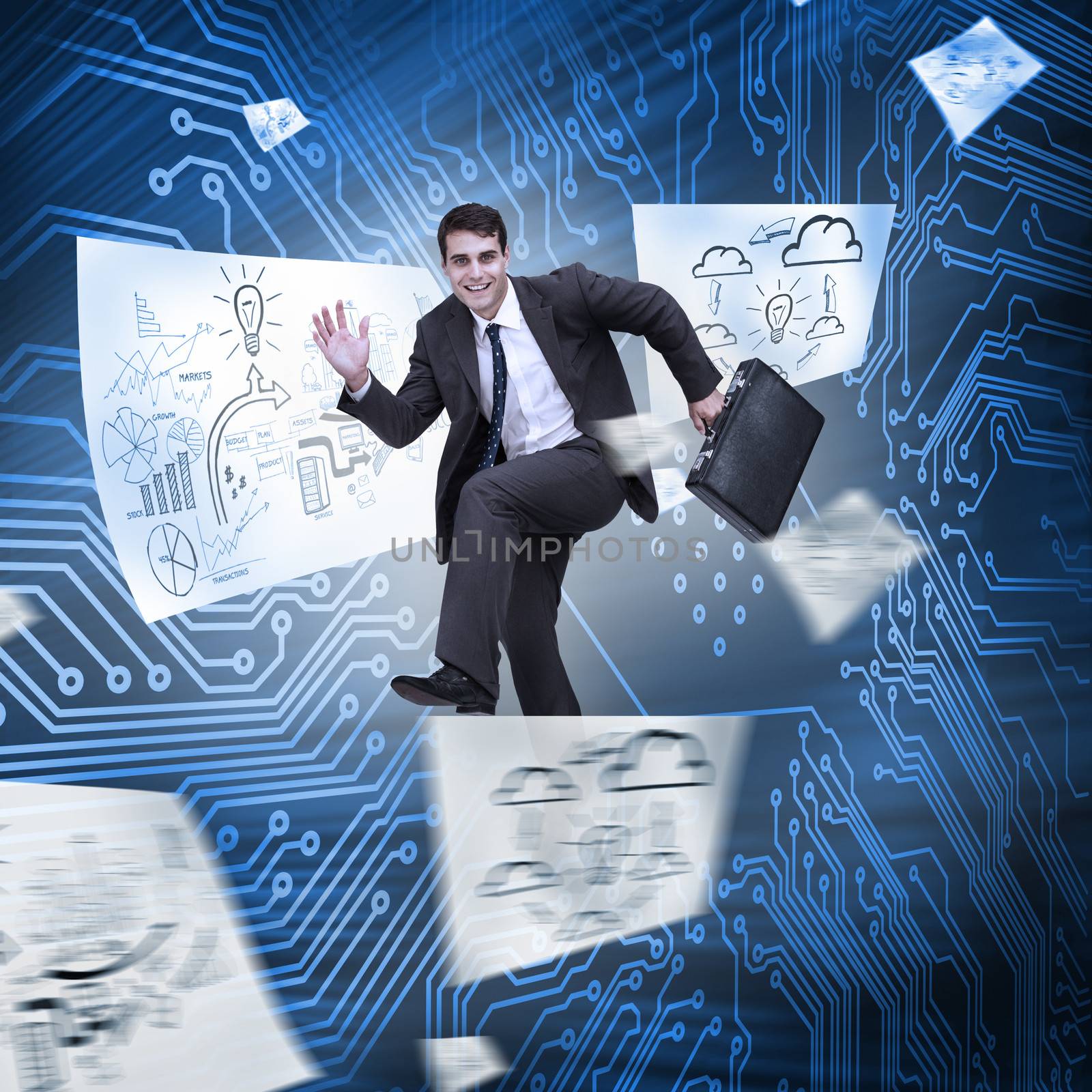 Businessman jumping with drawings floating around with circuit board on the background