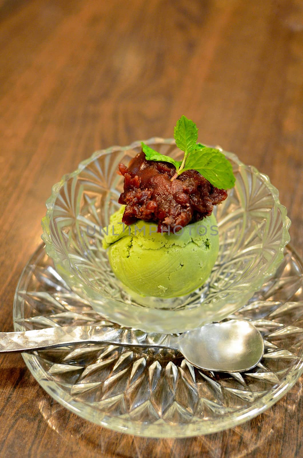 Green tea ice-cream with red bean topping in Japanese style