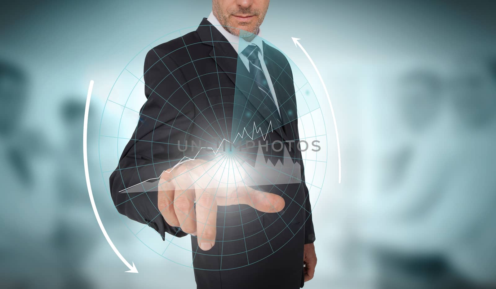Businessman selecting a futuristic interface with arrows by Wavebreakmedia
