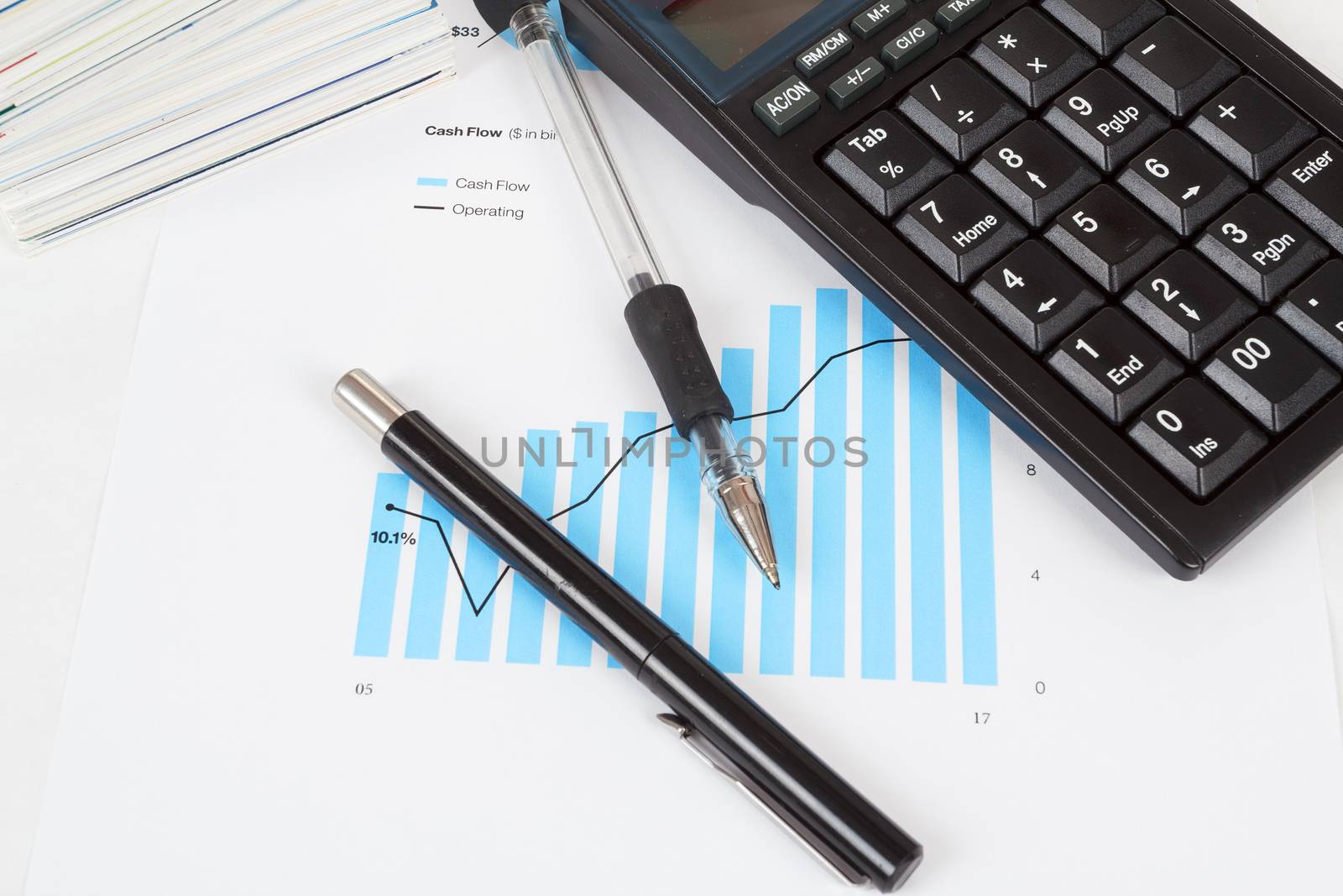 businessman workplace with money, coins, pen and calculator