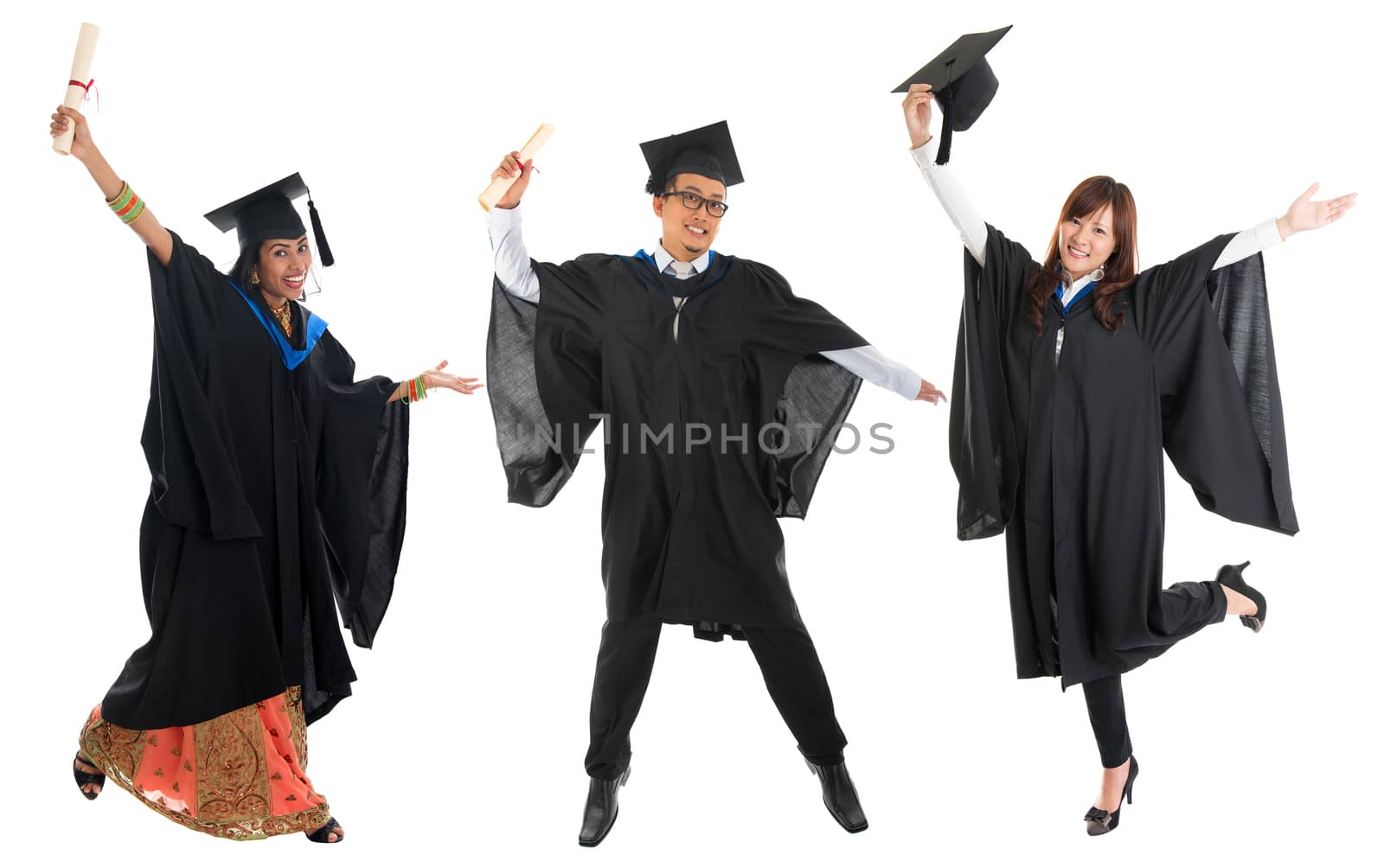 Multi races university student in graduation gown jumping by szefei