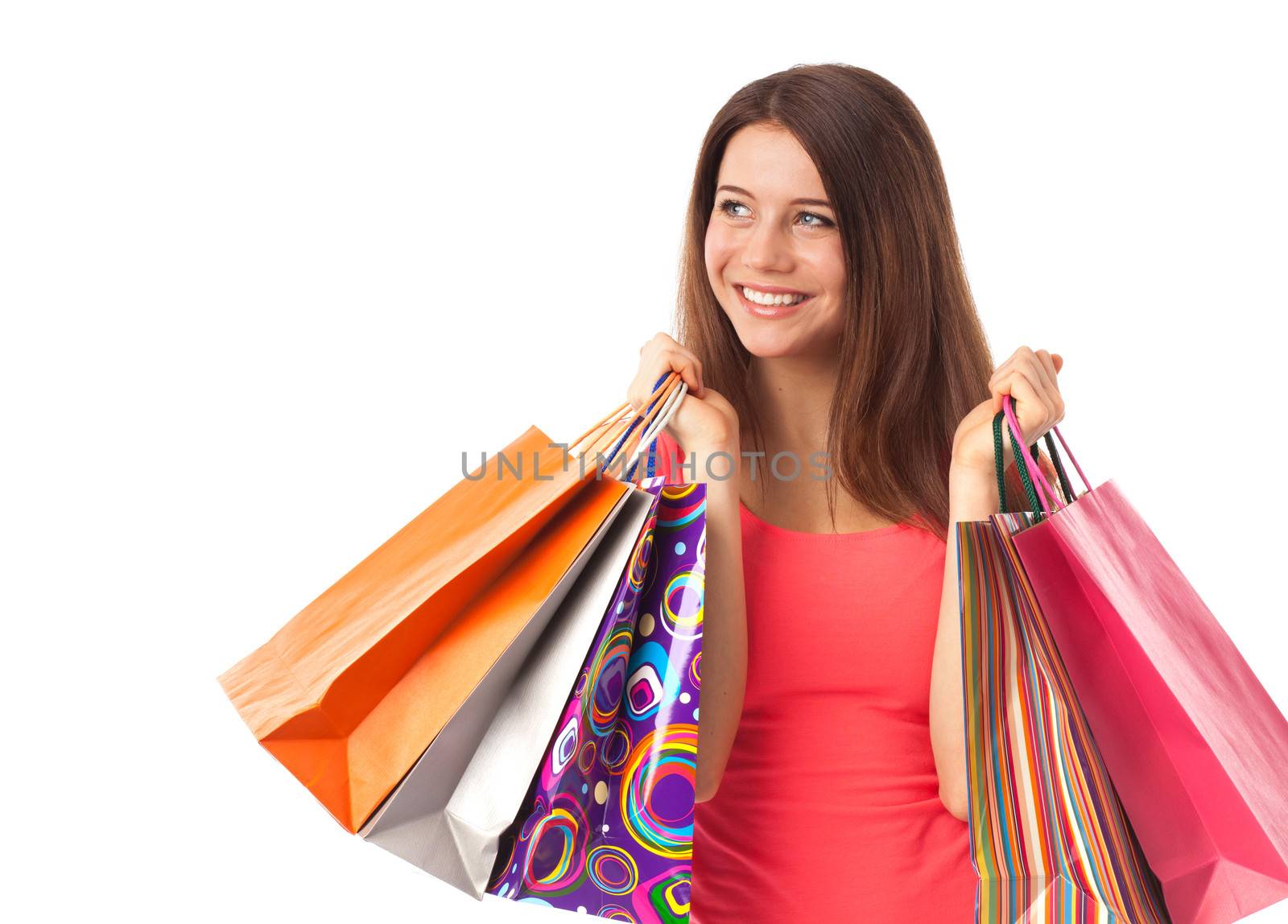 Young woman shopping and looking something, isolated on white