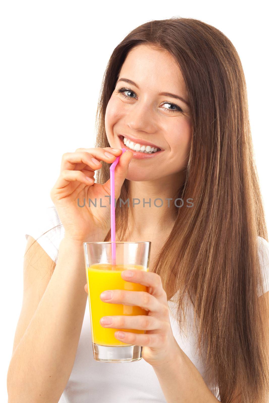 Nice young woman with a glass of orange juice, isolated on white
