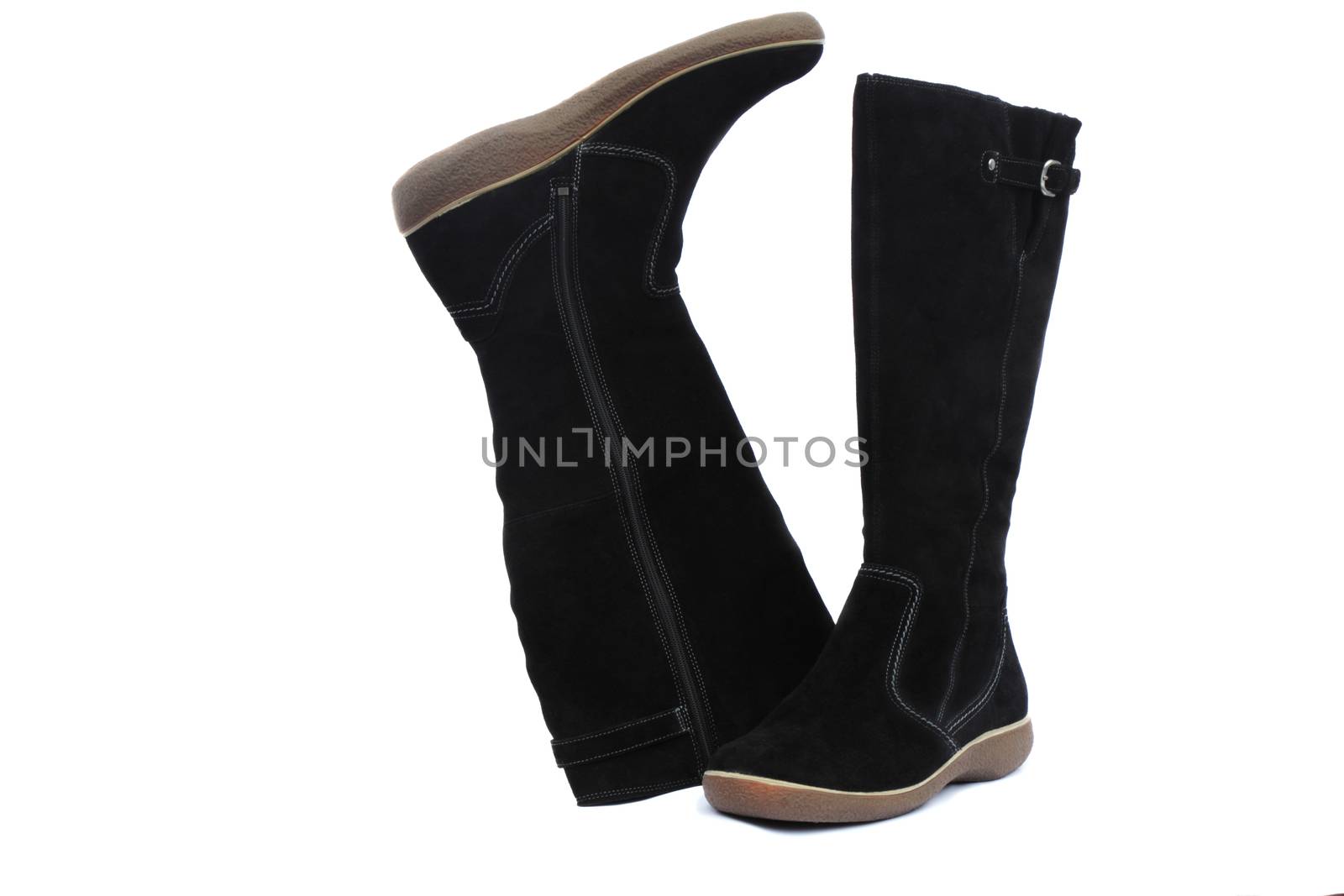 Comfortable winter suede boots black. Presented on a white background.
