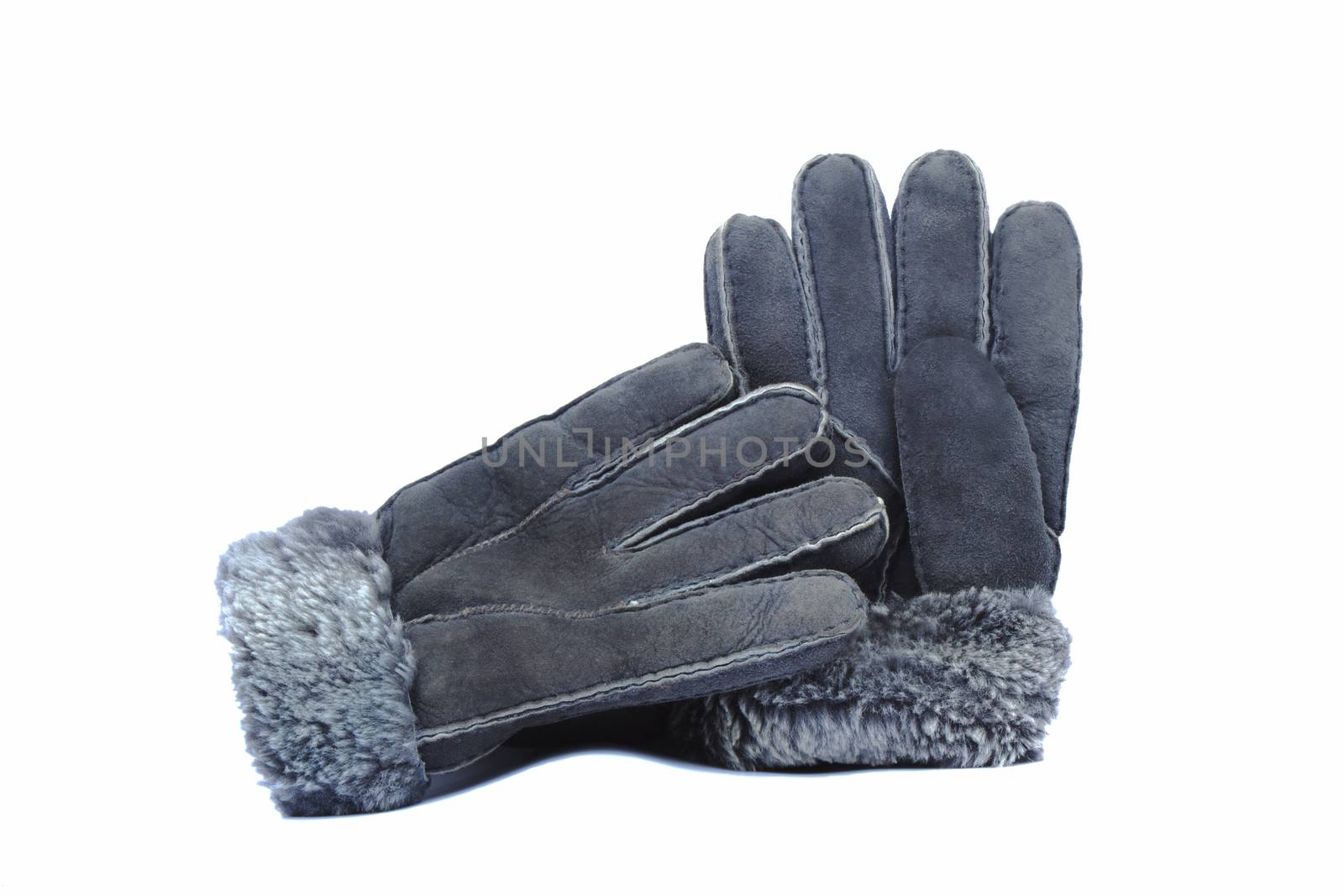 Fur winter gloves grey colors on the white background. by georgina198