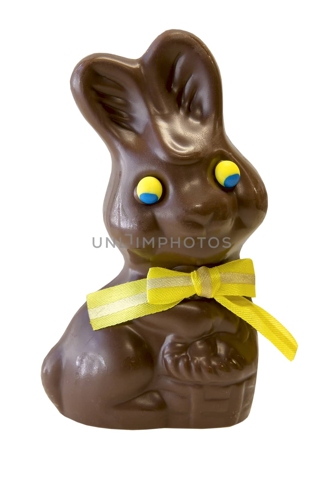 Chocolate Happy Easter Day Bunny Rabbit with Yellow Ribbon Bow Isolated on White Background