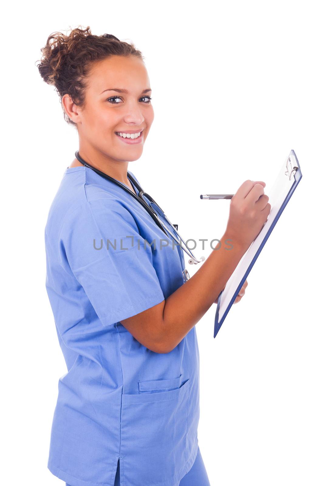 Young nurse with stethoscope isolated on white background
