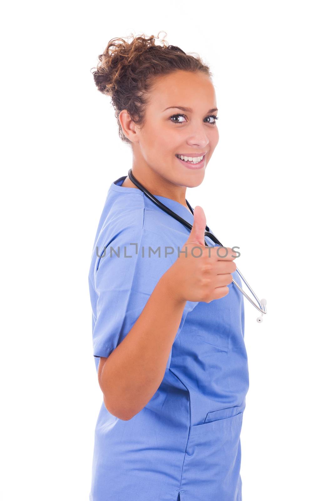 Young nurse with stethoscope isolated on white background
