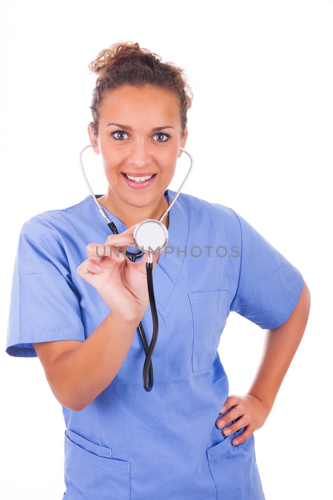 Young doctor with stethoscope isolated on white background by michel74100