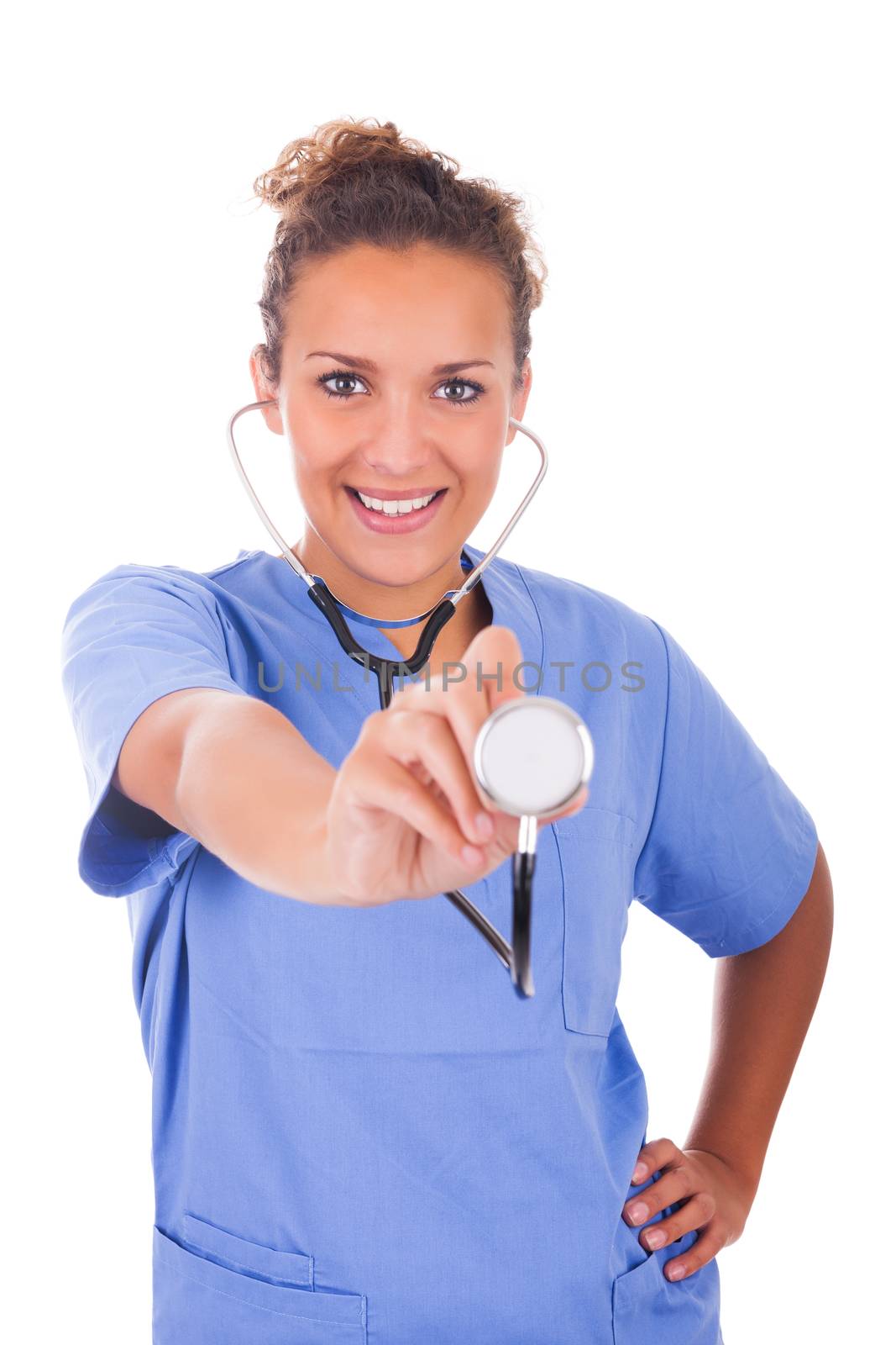 Young doctor with stethoscope isolated on white background by michel74100