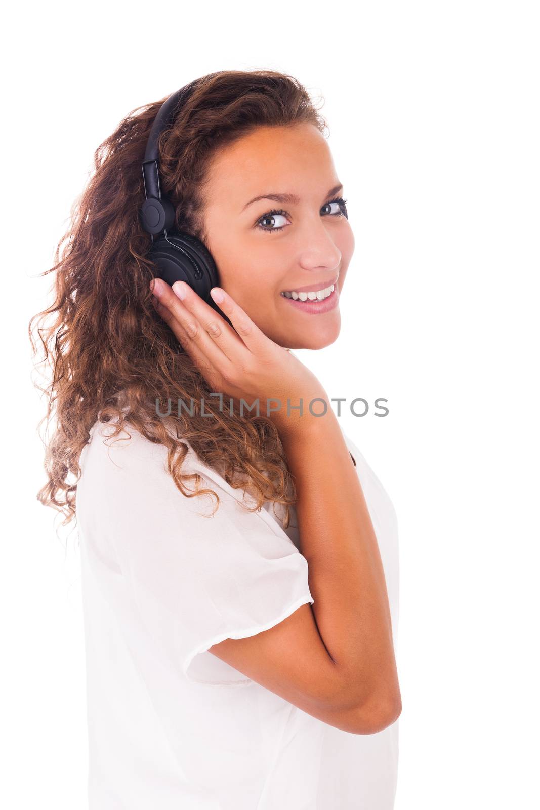 Woman listening to music with headphones by michel74100