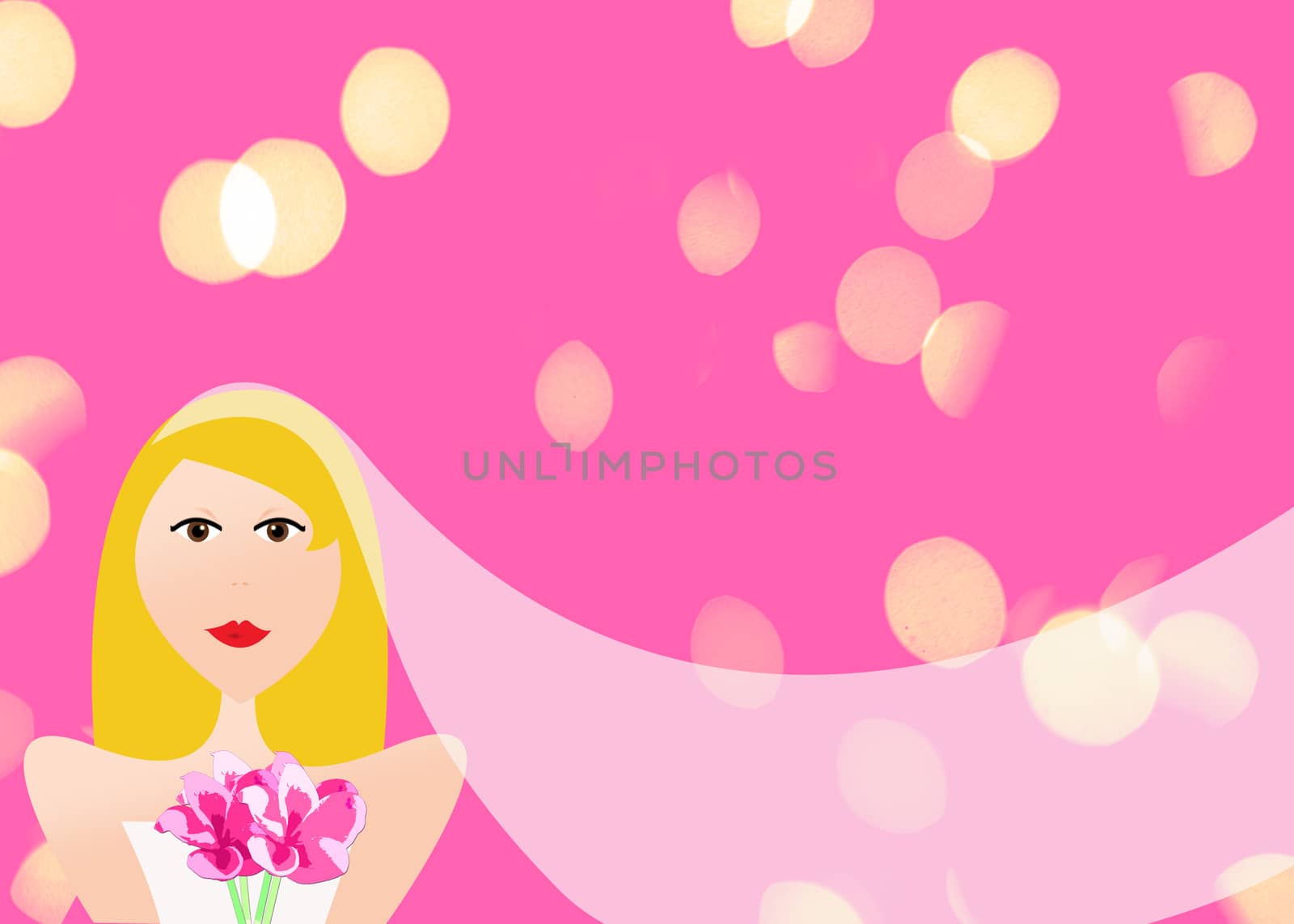 blonde bride illustration in white wedding dress with pink background