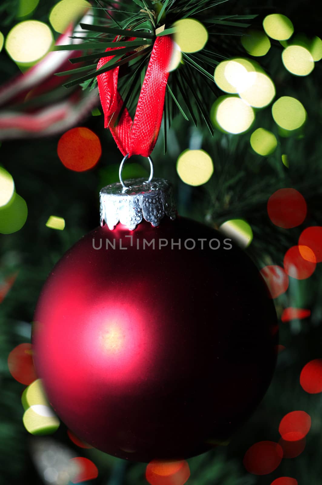 matte red christmas ornament and lights
