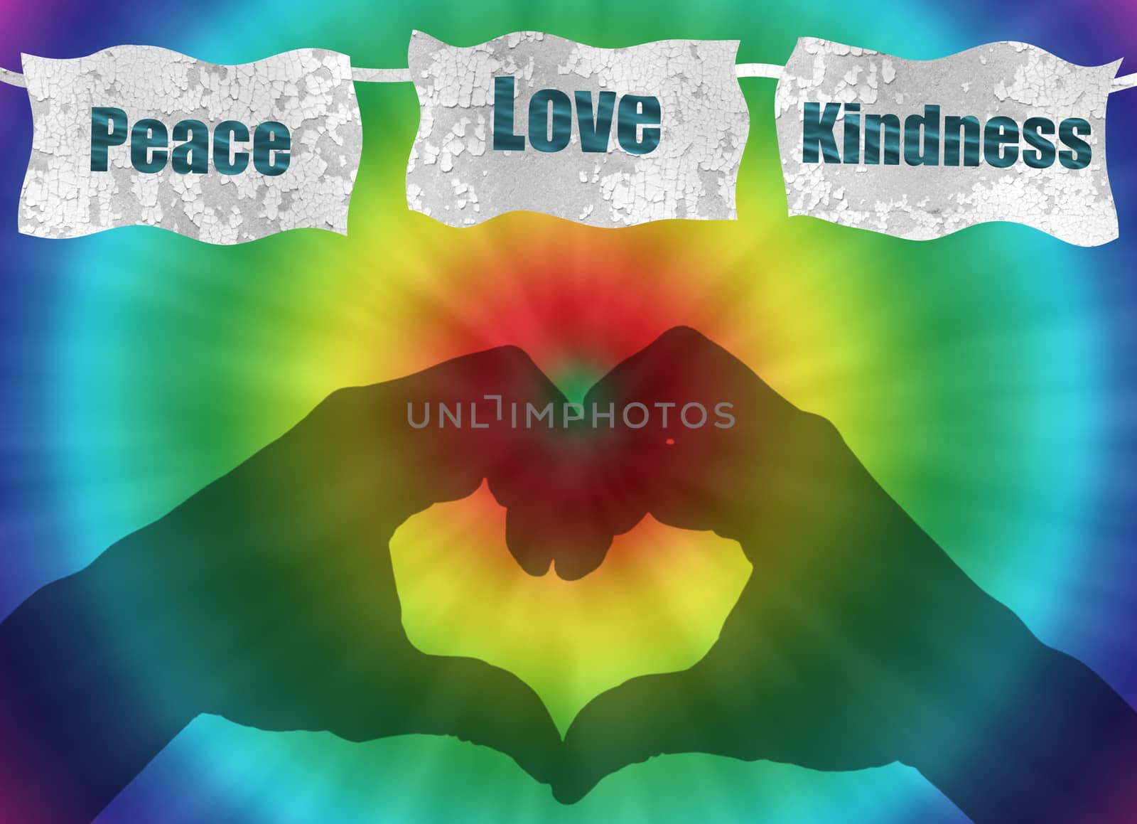 retro peace, love and kindness image with rainbow tie-dye