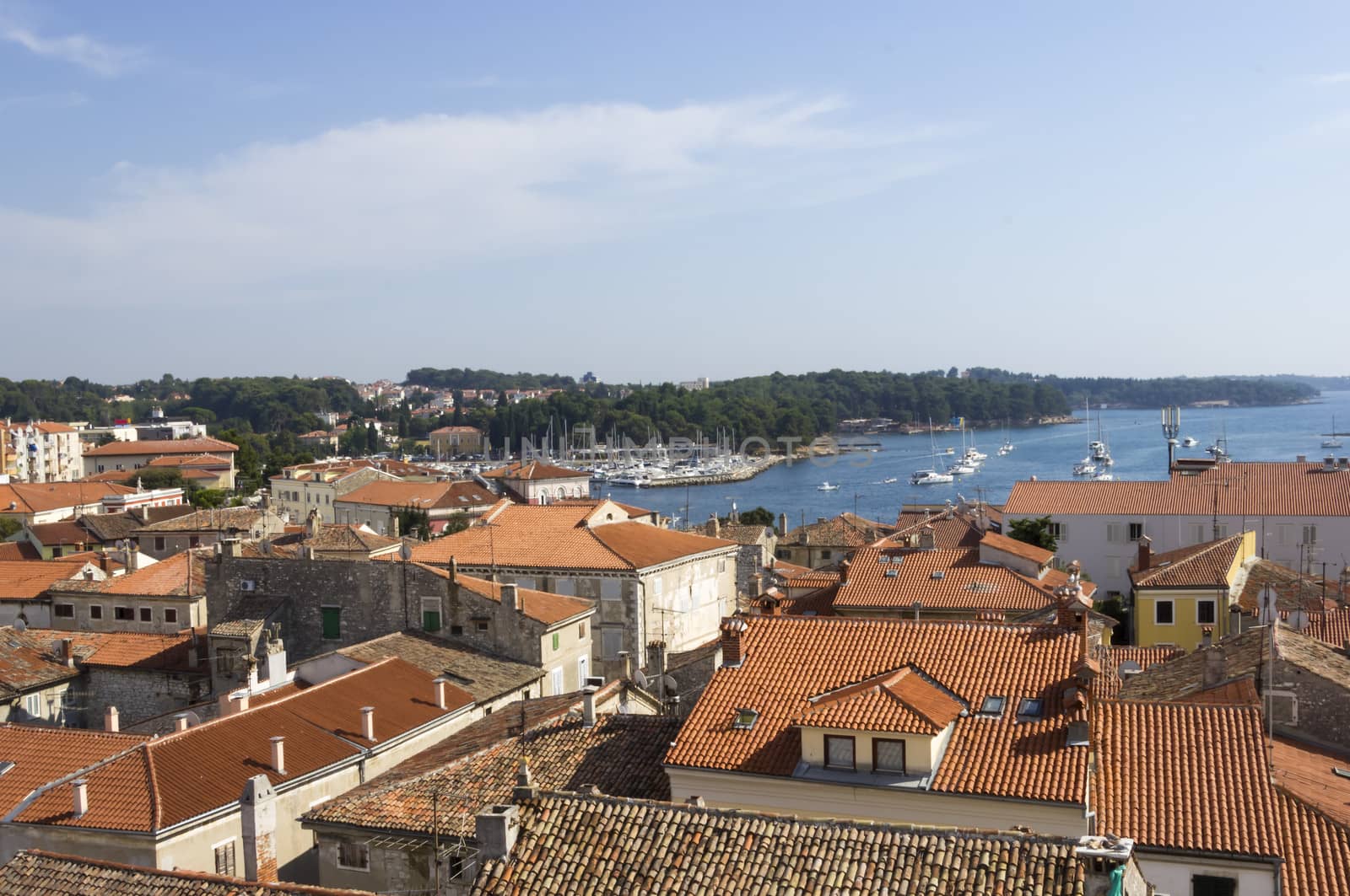 Panoramic view of down town Porec from the basilica tower, Istra, Croatia