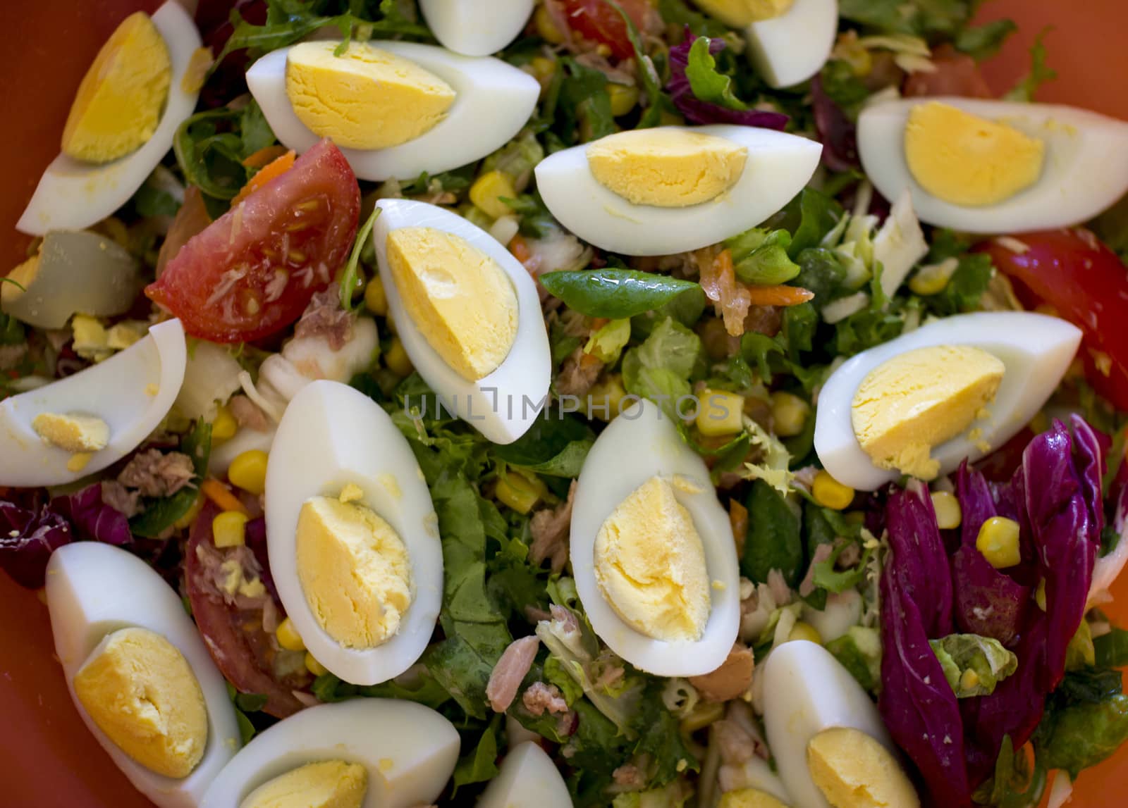 Spring salad of tomatoes, corn, scotch kale, eggs dressed with o by Tetyana