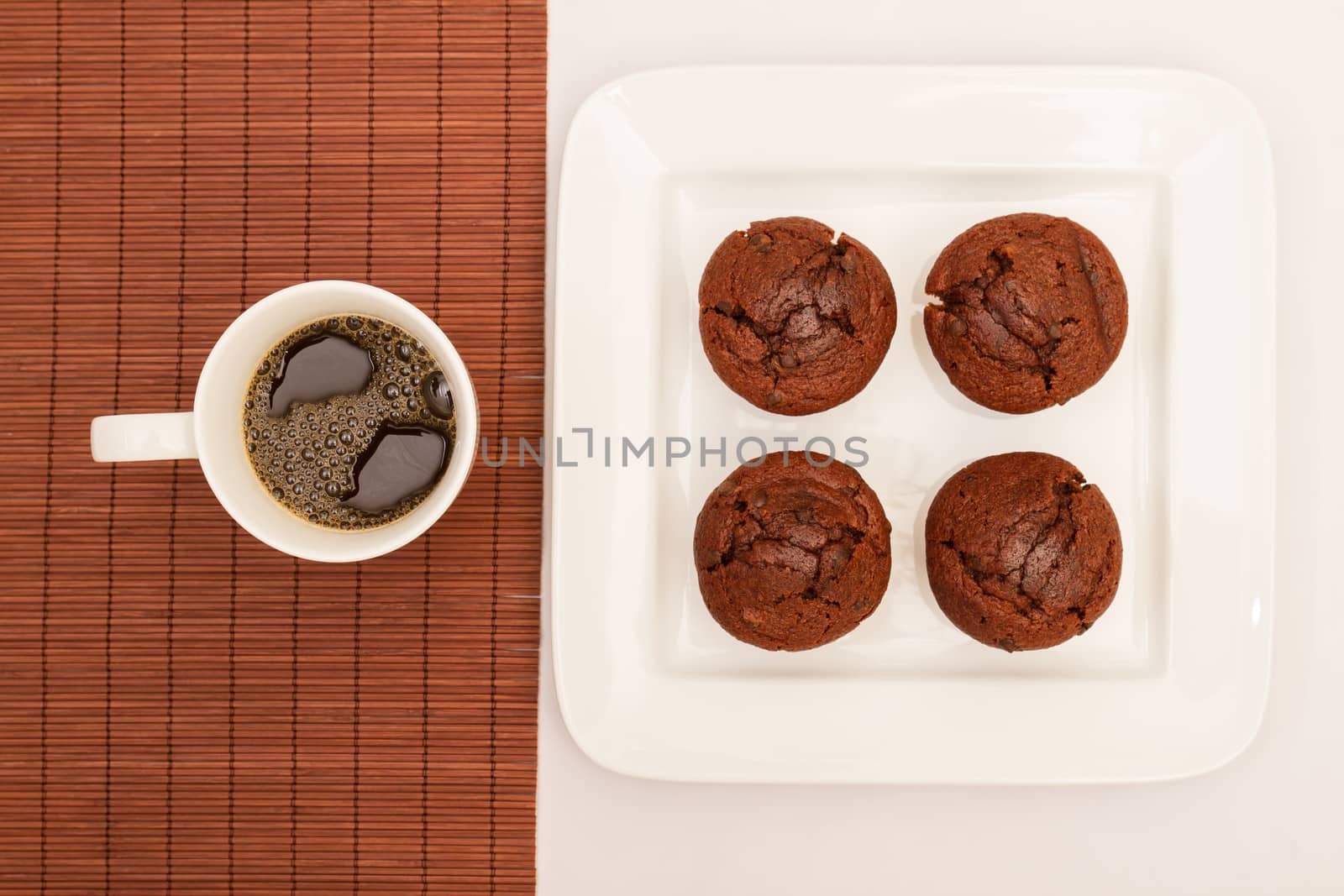 Chocolate Muffins on a white plate with  a cup of coffee
