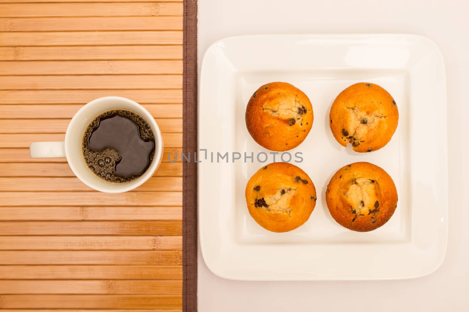 Vanilla with chocolate chips Muffins on a white plate with  a cup of coffee
