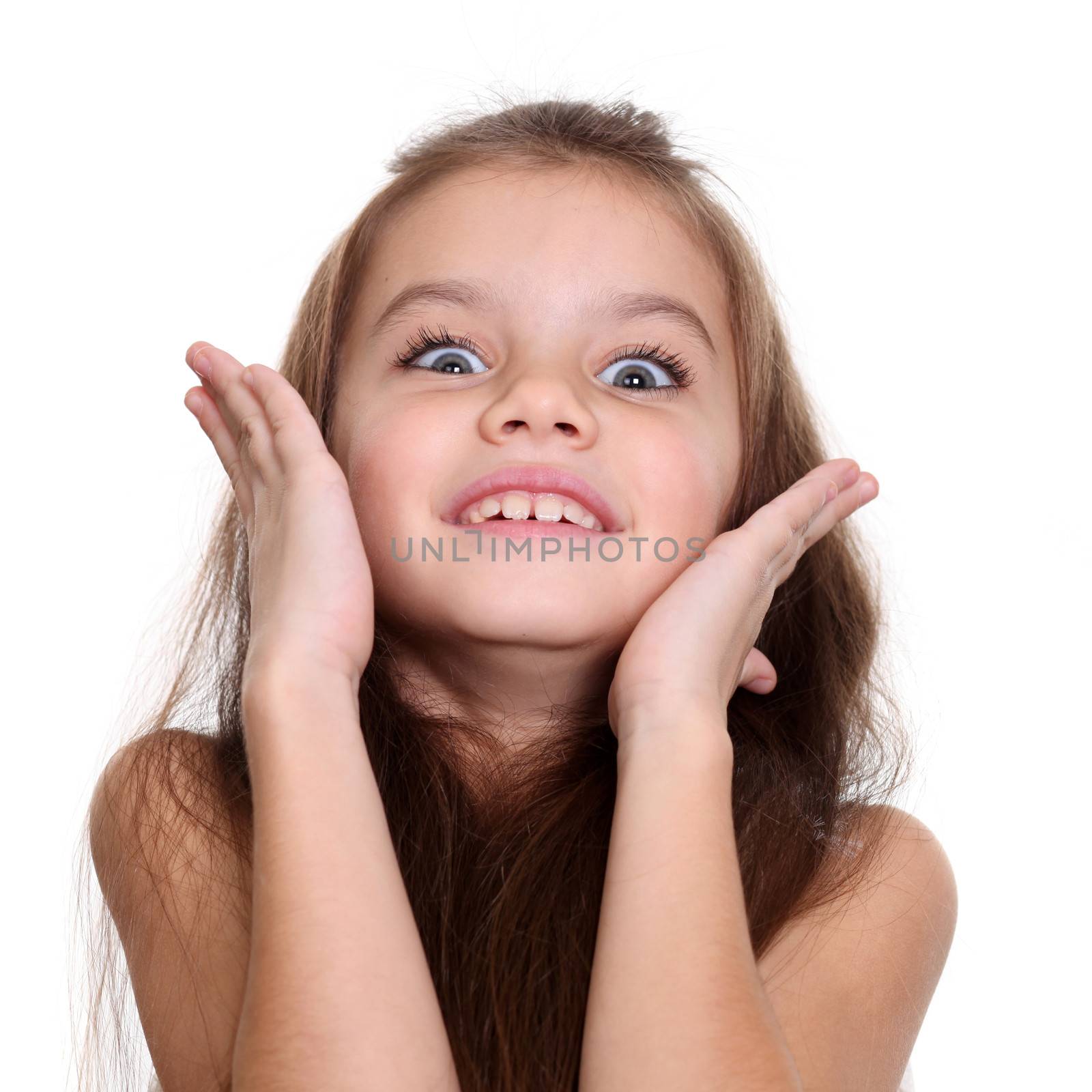 portrait of a little amazing girl with blue eyes and opening mouth isolated on white