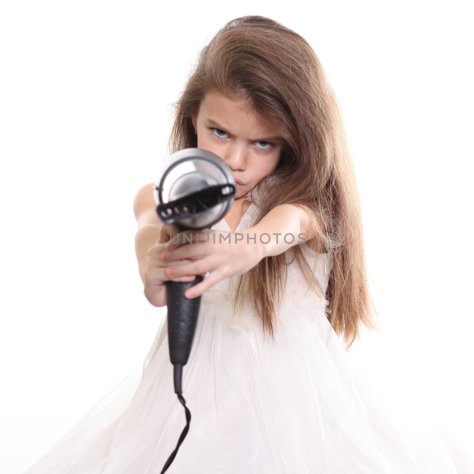 little girl posing with hair dryer isolated on white