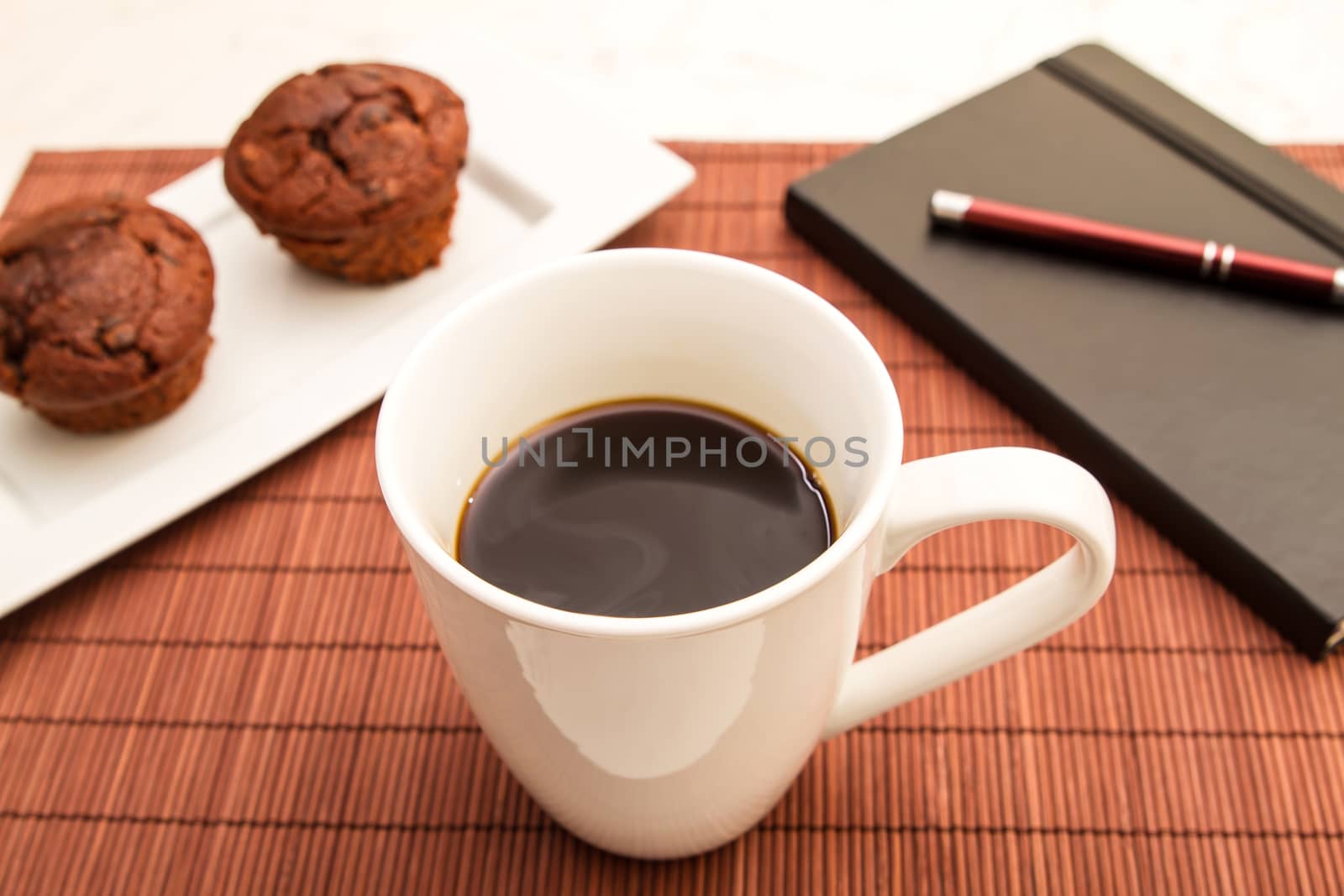 Chocolate Muffins on a white plate with  a cup of coffee
